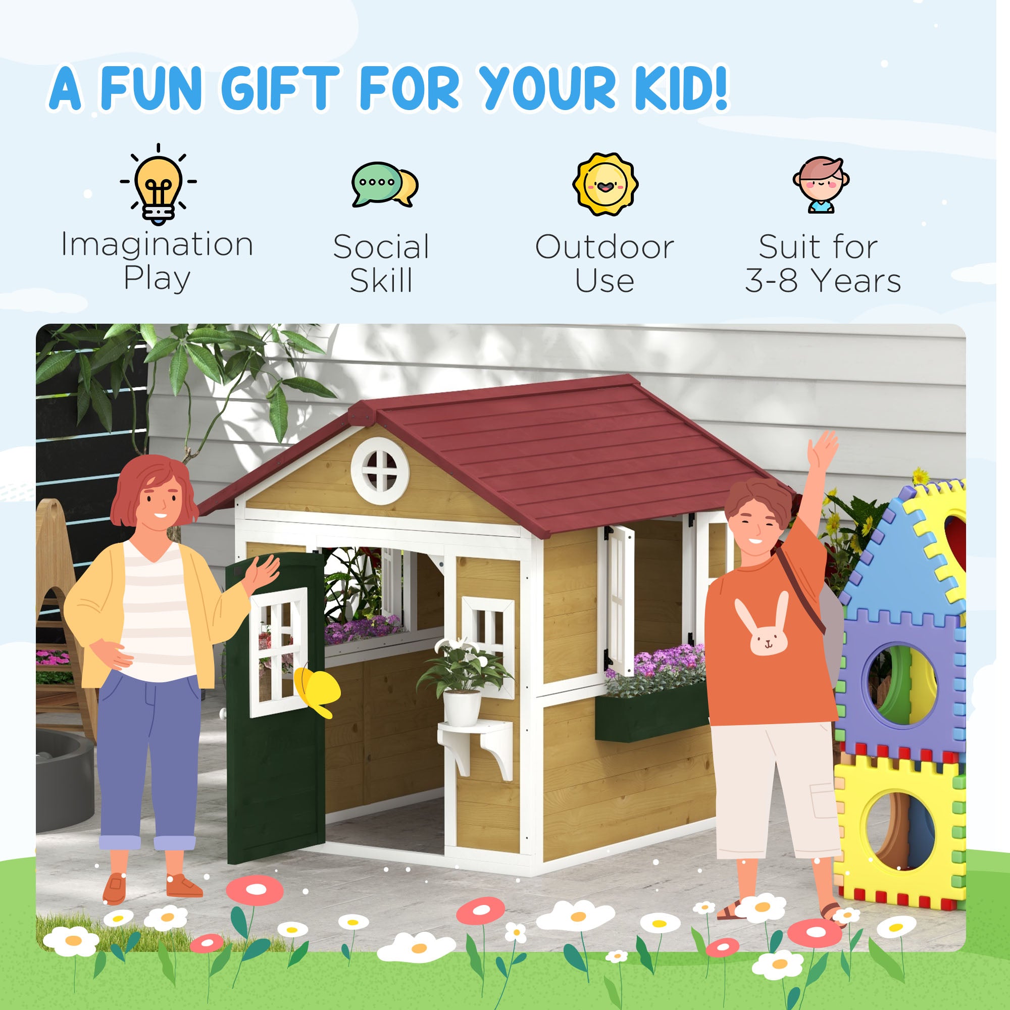 Outsunny Wooden Playhouse with Doors, Windows, Plant Pots, Boxes, for 3-8 Years - Beige - North Peak Garden Furniture