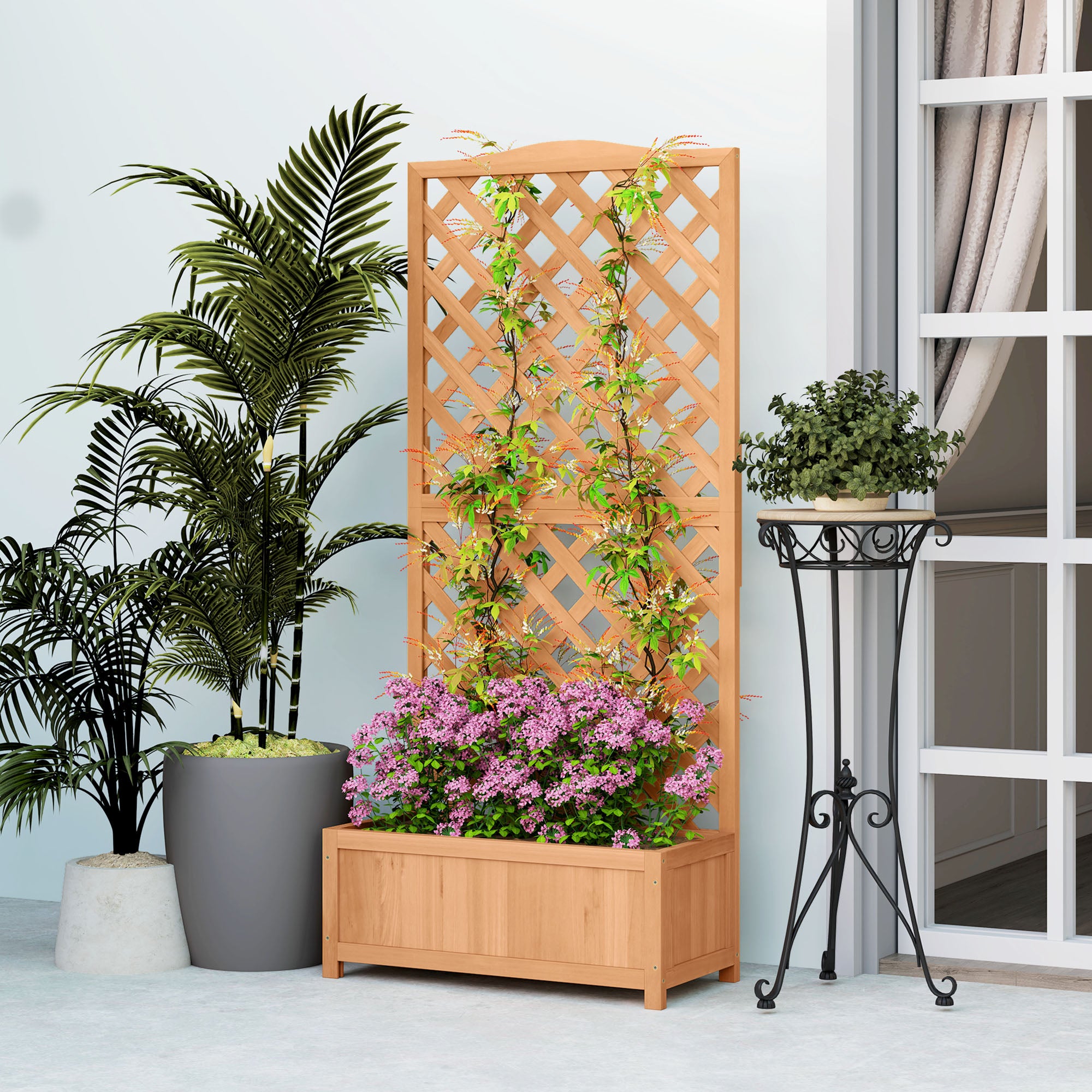 Outsunny Wooden Planter with Trellis, Freestanding Raised Bed for Garden with Lattice, Outdoor Planter Box for Climbing Plants, Vines, Flowers, 76 x 36 x 170 cm, Brown