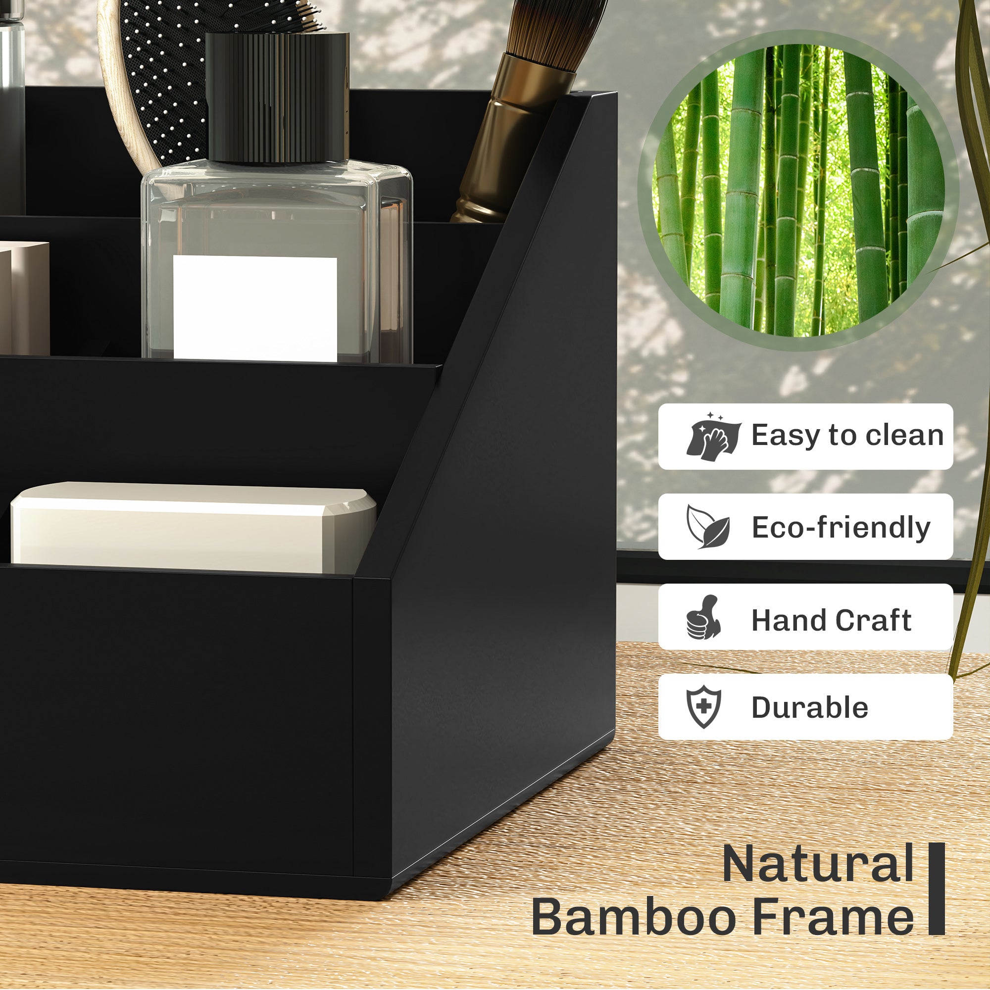 HOMCOM Desk Organiser Holder, Bamboo Multi-Function Storage Caddy with 7 Storage Compartments and 2 Drawers for Home Office Stationary Supplies, Black - North Peak Garden Furniture