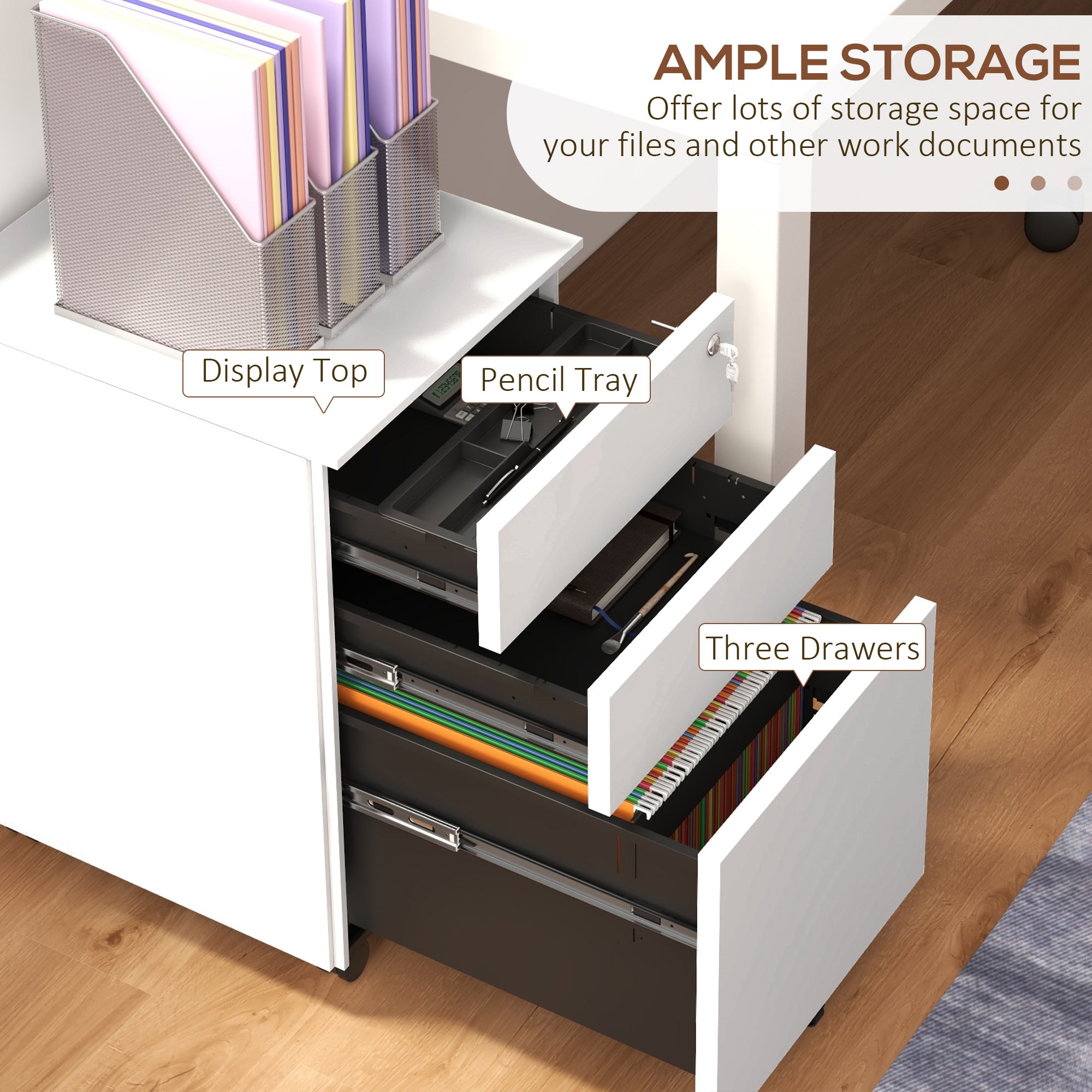 Vinsetto 3-Drawer Vertical Filing Cabinet with Pencil Tray, Lock and 5 Wheels, Steel Mobile File Cabinet, for A4, Legal and Letter Size, Pre-Assembled Body, White