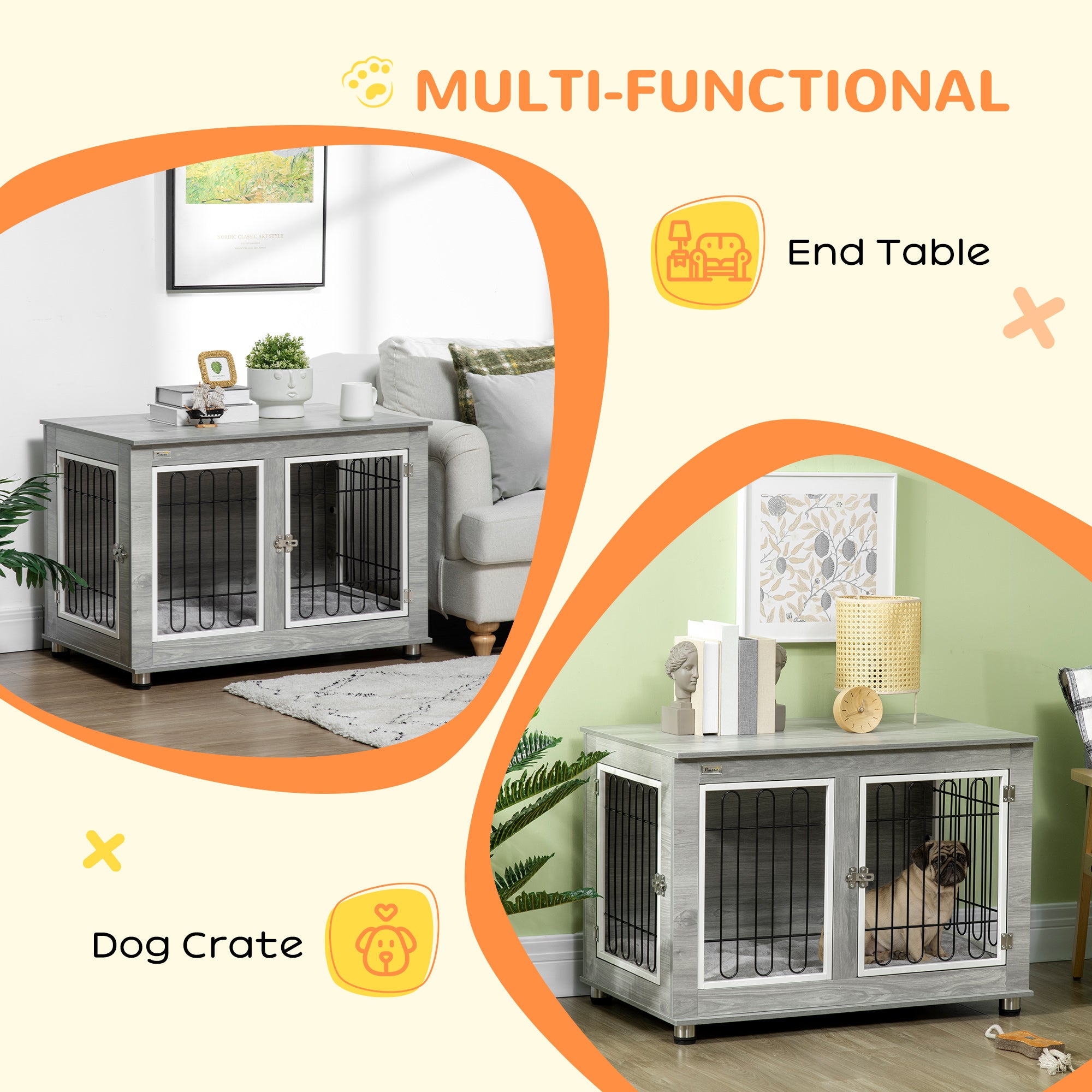 PawHut Dog Crate Furniture, Side End Table, Indoor Dog Kennel with Soft Washable Cushion, Wire Mesh, Large Top, for Medium and Large Dogs,90 x 58 x 65, Grey