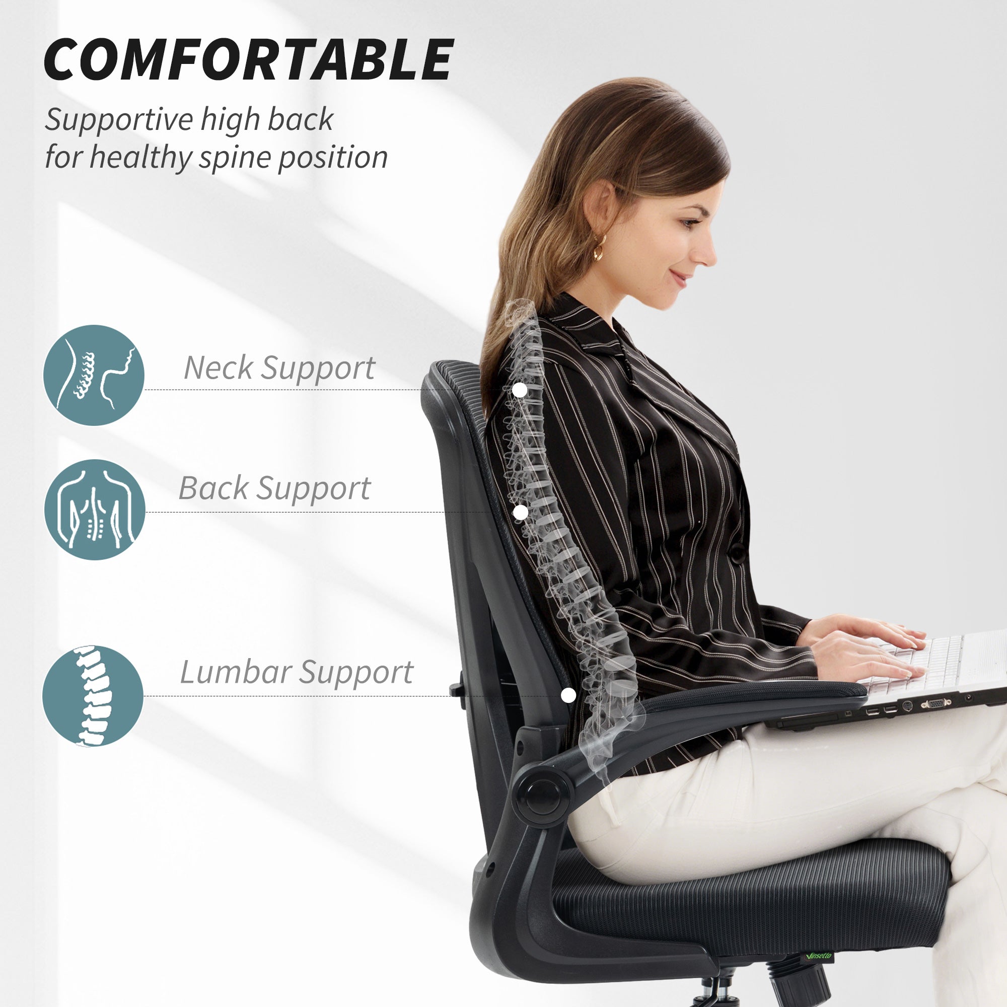 Vinsetto Mesh Back Office Chair, with Flip-Up Arms - Black - North Peak Garden Furniture