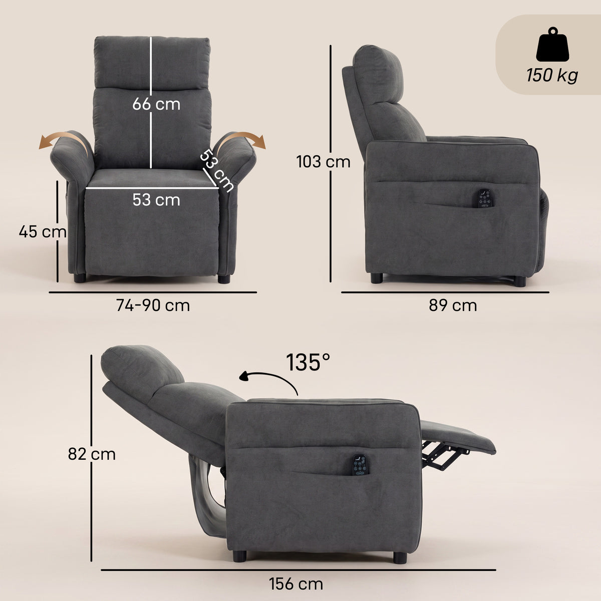 HOMCOM Recliner Armchair, Push Back Recliner Chair with Massage & Heat, Adjustable Armrests, Dual Side Pockets, Dark Grey