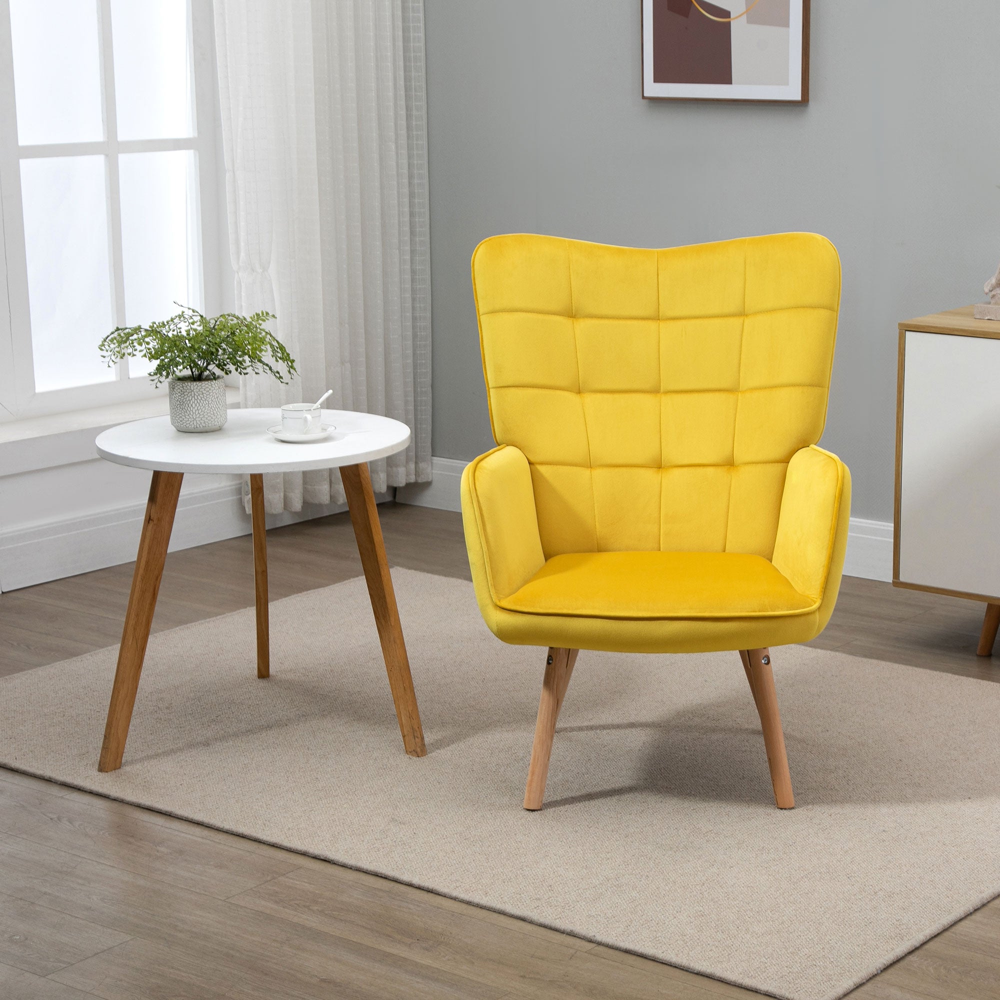HOMCOM Modern Accent Chair Velvet-Touch Tufted Wingback Armchair Upholstered Leisure Lounge Sofa Club Chair with Wood Legs, Yellow - North Peak Garden Furniture