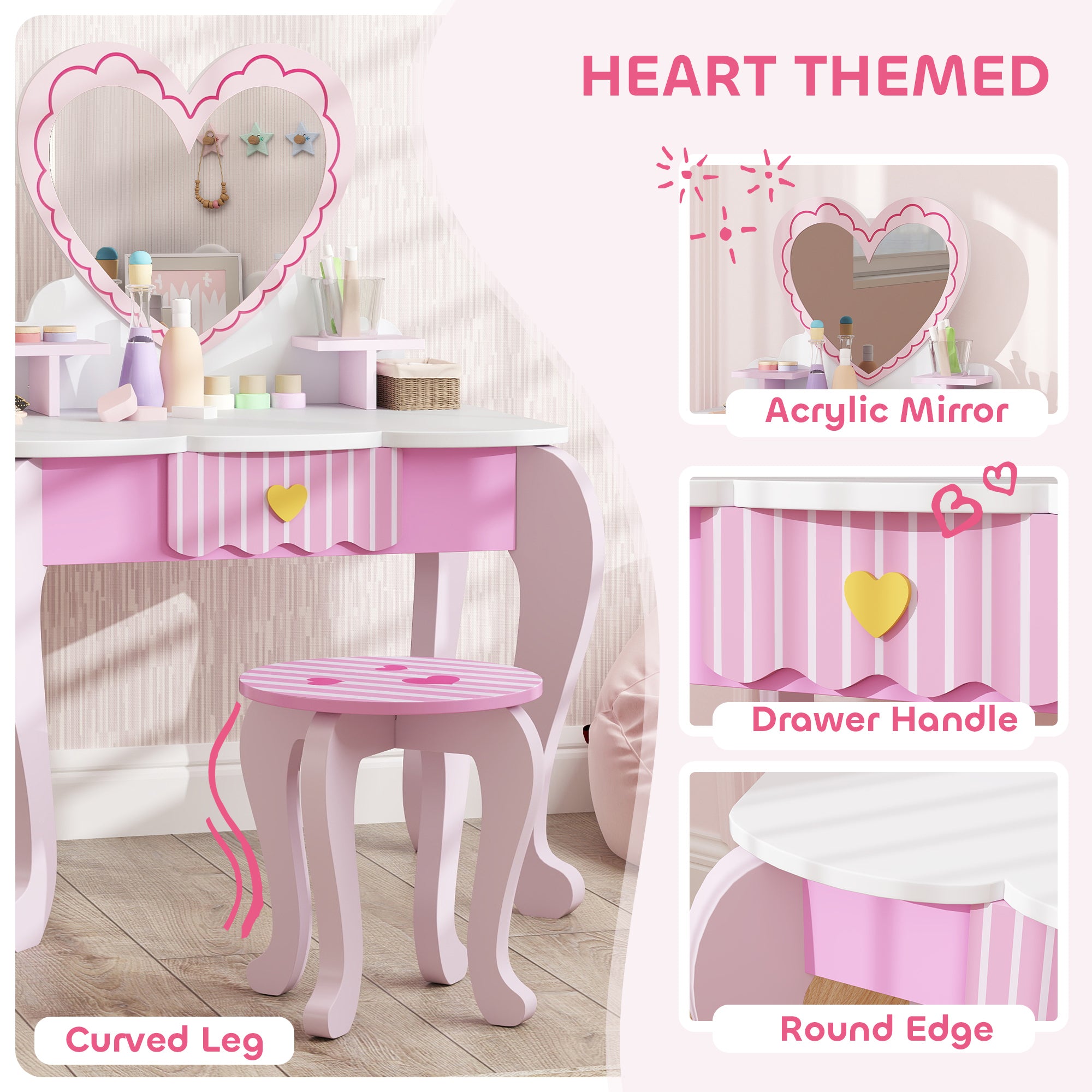 AIYAPLAY Kids Dressing Table Set, Vanity Table with Stool, Mirror, Drawer, Desktop Storage, Heart Theme, Pink - North Peak Garden Furniture