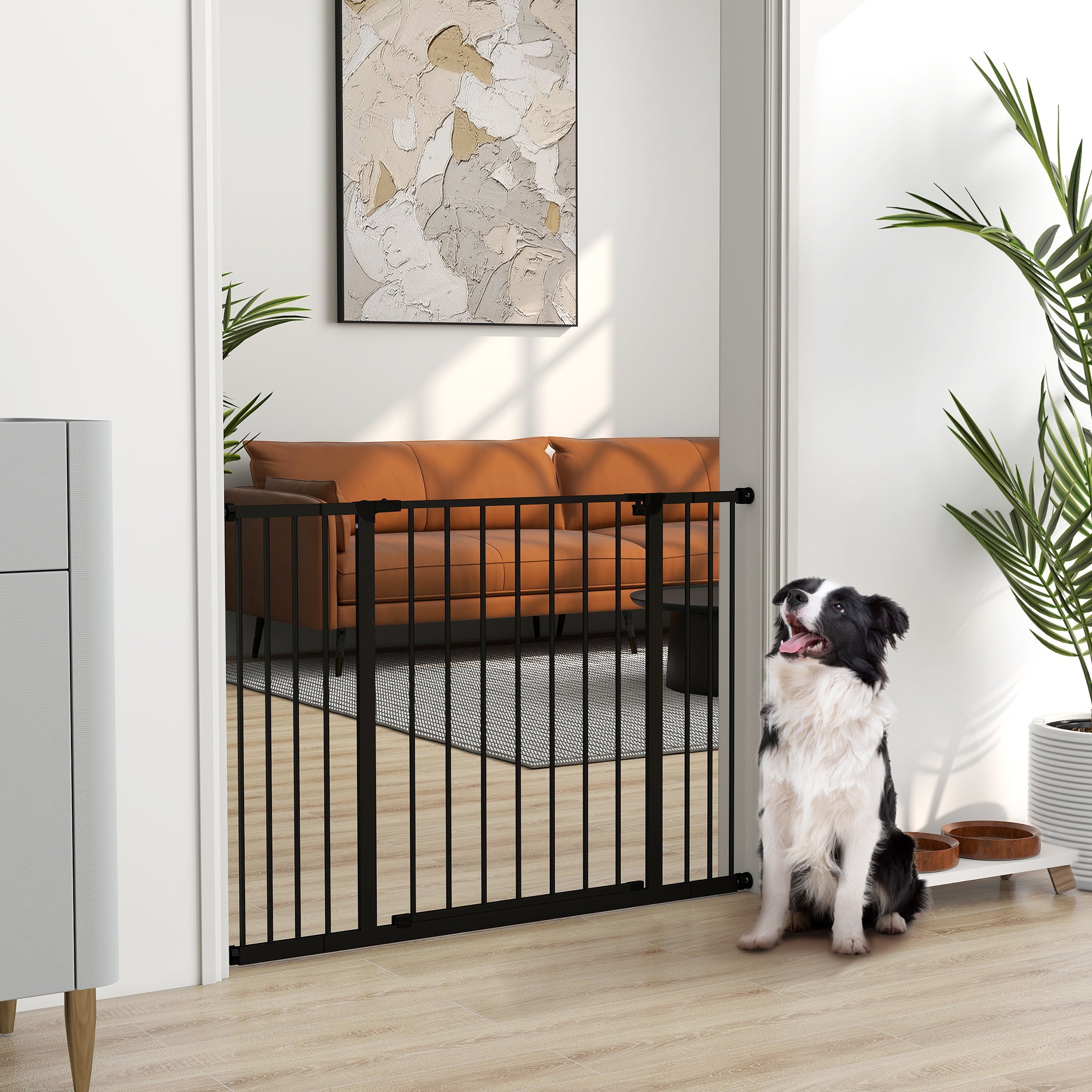 PawHut Dog Gate Pet Safety Gate Stair Barrier Pressure Fit Adjustable 76-82/86-97/101-107 cm, Black - North Peak Garden Furniture