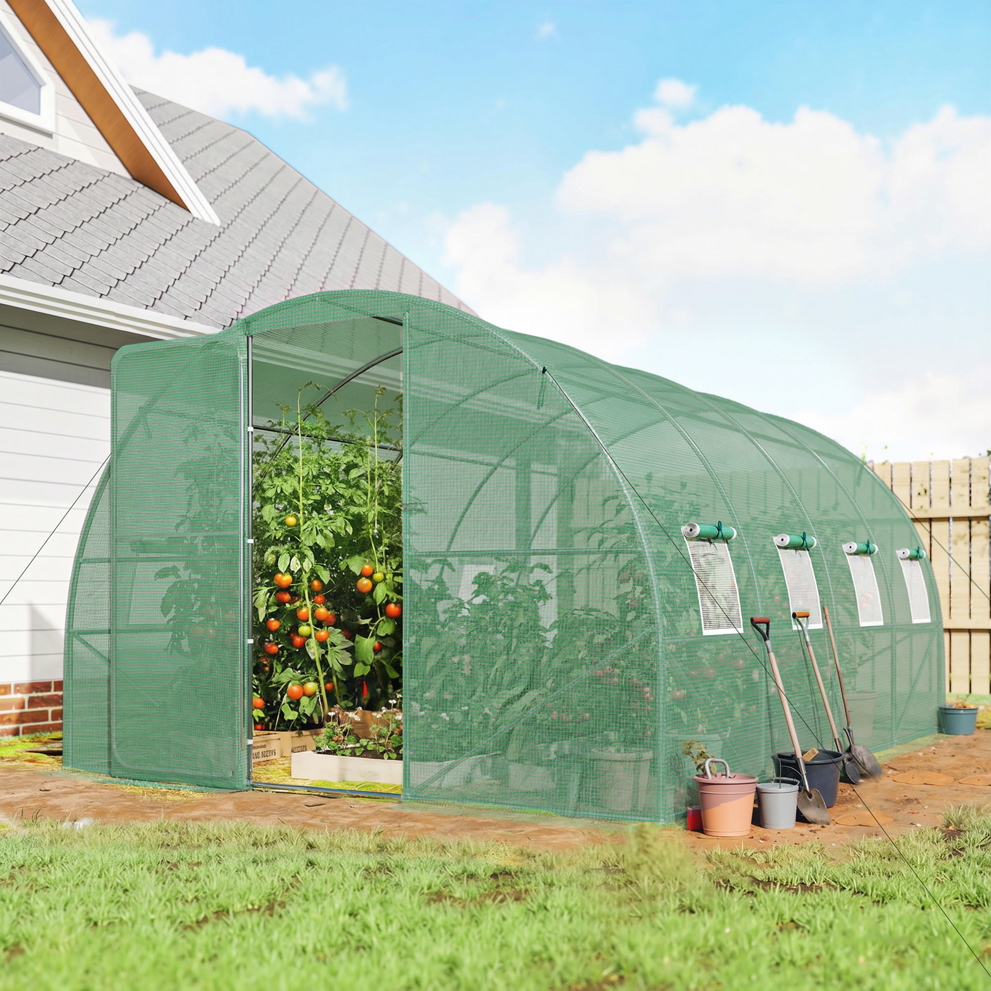 Outsunny 3 x 4 m Walk-in Polytunnel Greenhouse with Hinged Door and 8 Roll Up Mesh Windows, Garden Tunnel Warm House Tent, Green