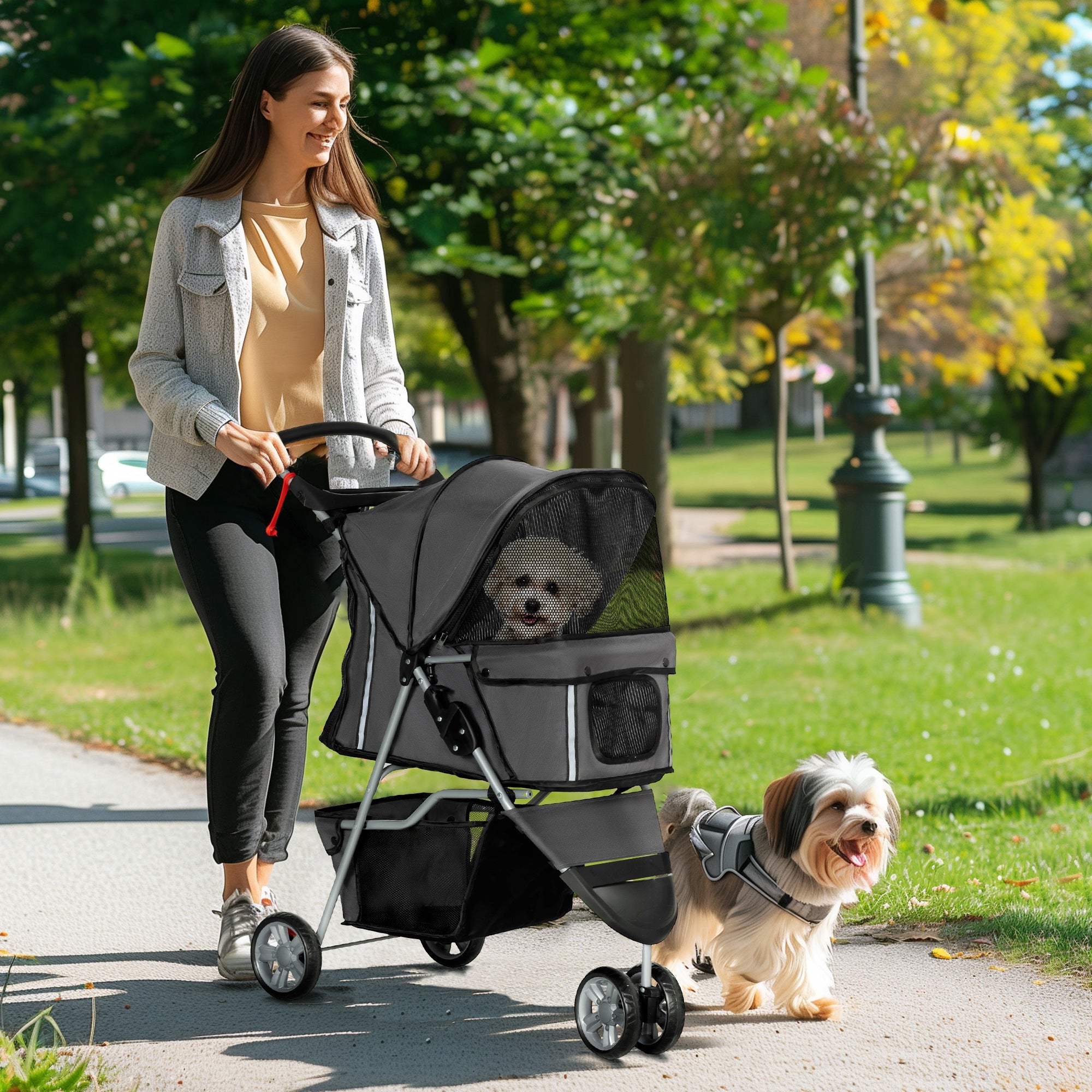 PawHut 3 Wheel Pet Stroller for Small and Miniature Dogs, Charcoal Grey - North Peak Garden Furniture