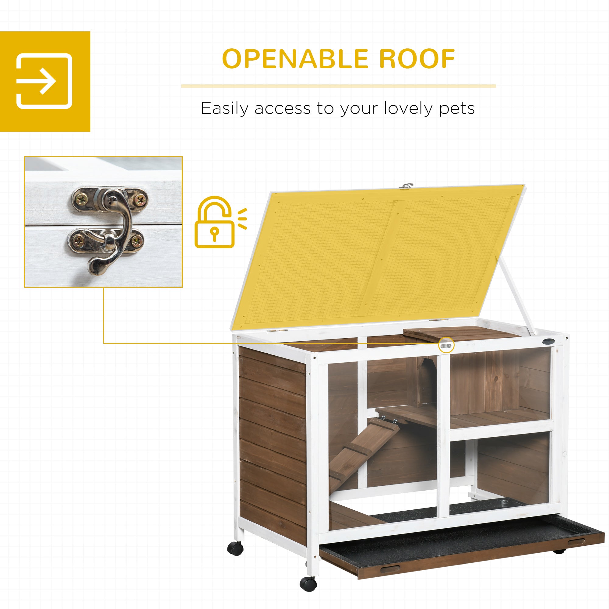 PawHut Wooden Rabbit Hutch, Bunny Cage w/ Tray, Ramp, Openable Roof, Wheels, 91.5 x 53.3 x 73cm - Brown - North Peak Garden Furniture