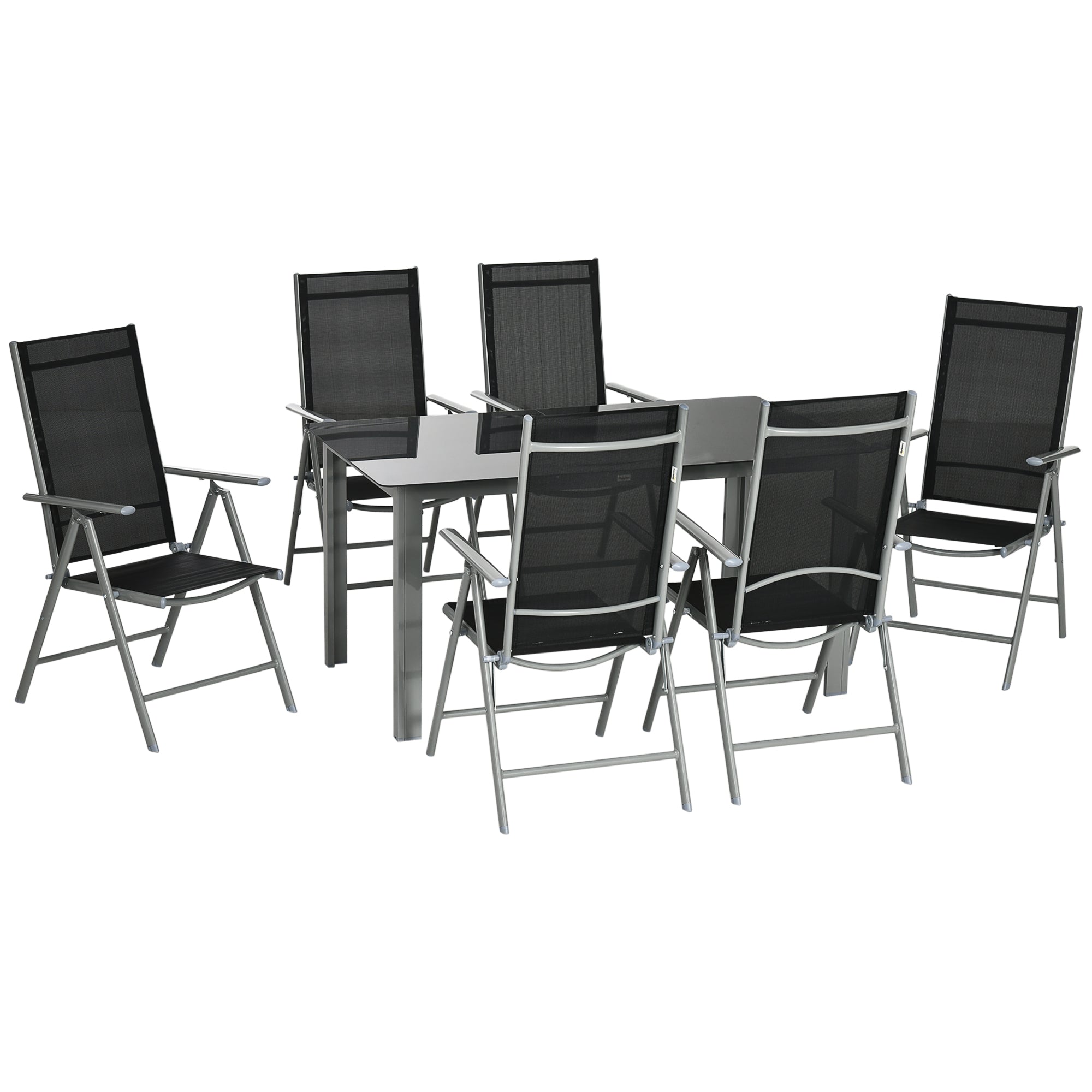 Outsunny 7 Piece Garden Dining Set, Outdoor Table and 6 Folding and Reclining Chairs, Aluminium Frame, Tempered Glass Top Table, Texteline Seats, Black - North Peak Garden Furniture