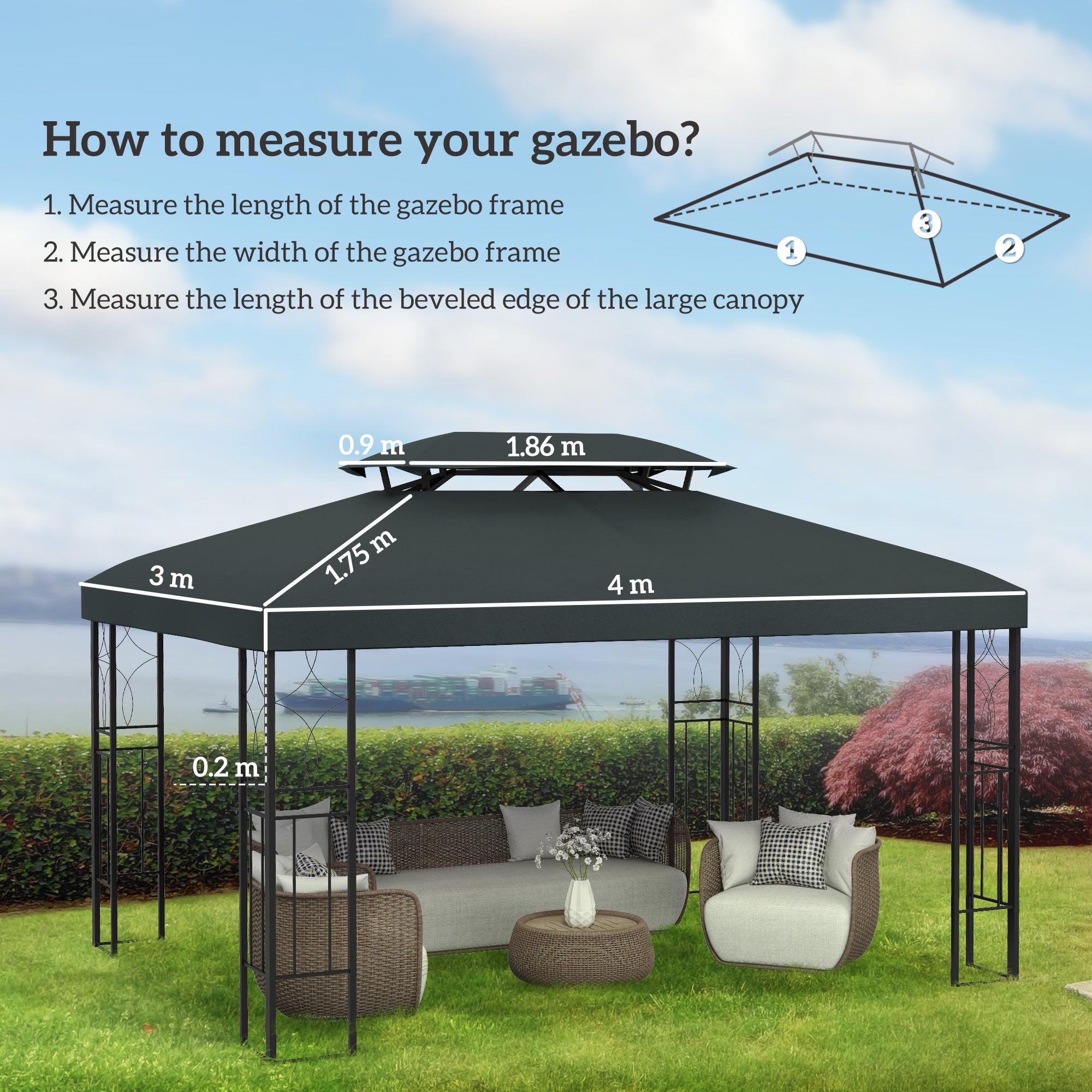 Outsunny 3x4m Gazebo Canopy Replacement Cover, 2 Tier Top Roof UV Cover Garden Patio Outdoor Sun Awning Shelters, Charcoal Grey (TOP COVER ONLY)