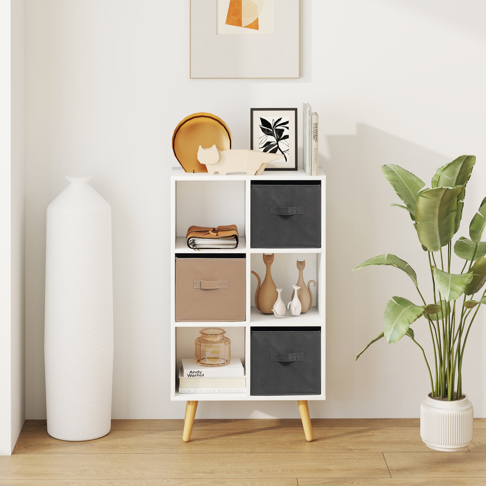 HOMCOM Freestanding 6 Cube Unit Cabinet Unit w/ 3 Fabric Drawers Handles Home Office Storage Shelves White - North Peak Garden Furniture