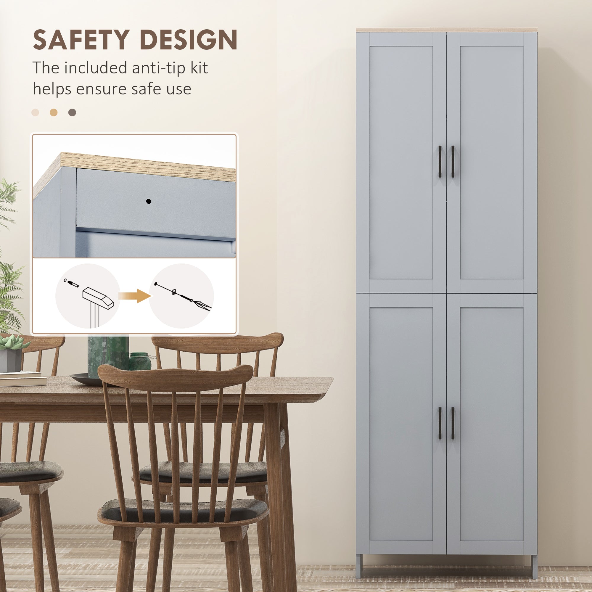 HOMCOM Freestanding Kitchen Cupboard, 4-Door Storage Cabinet Organizer with Adjustable Shelves Grey - North Peak Garden Furniture