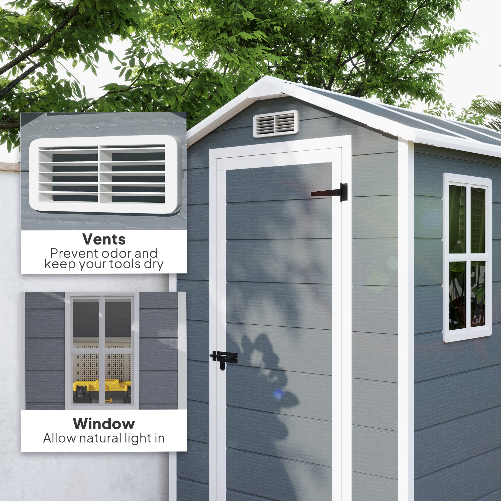 Outsunny 4 x 6ft Garden Shed, Plastic Shed with Floor, Window, Lockable Door and Vents, Resin Tool Shed for Outdoor Patio Storage, Zero Maintenance, Grey - North Peak Garden Furniture