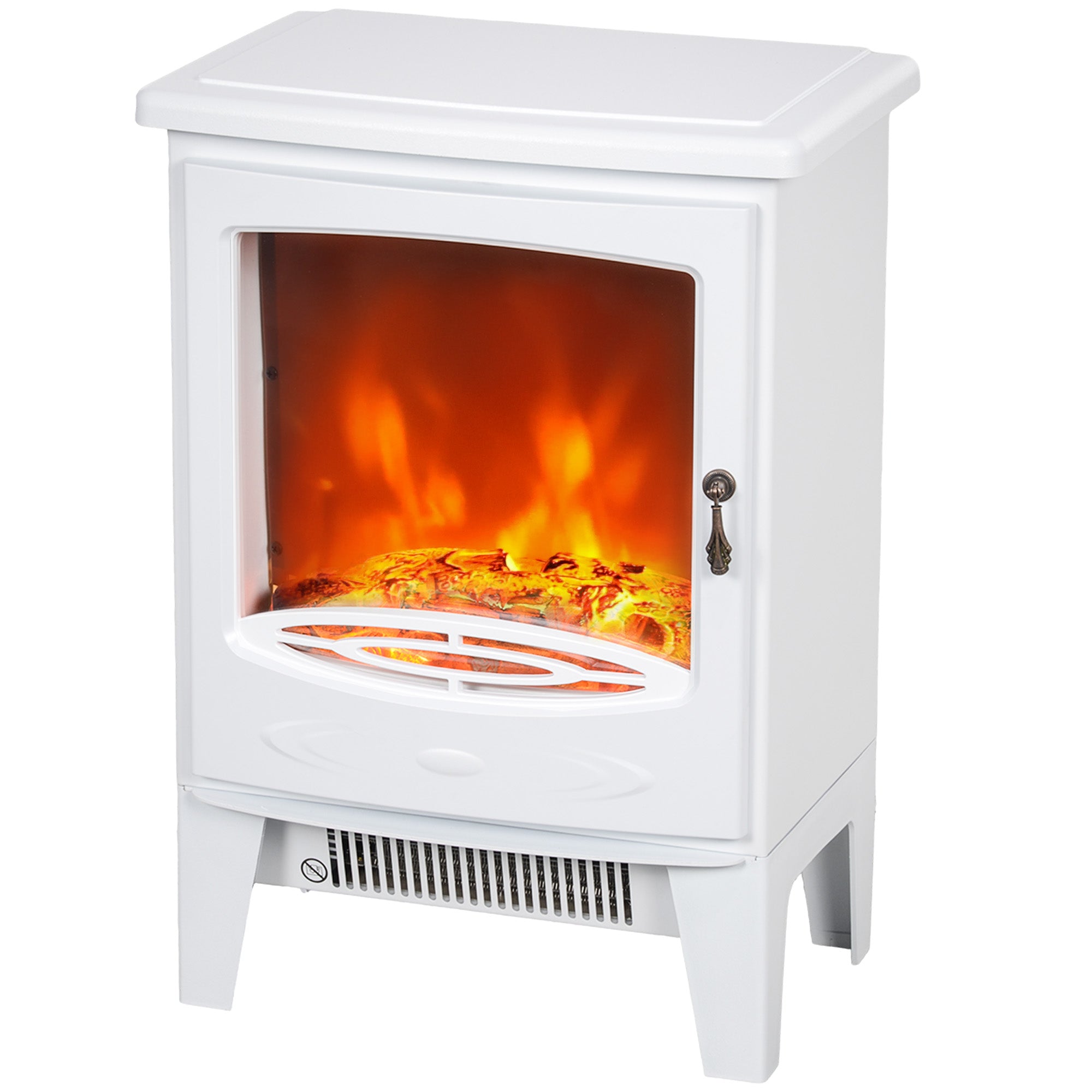 HOMCOM Electric Fireplace Stove, Freestanding Log Burner, 1000W/2000W, Portable Electric Fire Fan Heater with LED Flame Effect, Adjustable Thermostat, Glass, Overheat Protection， White