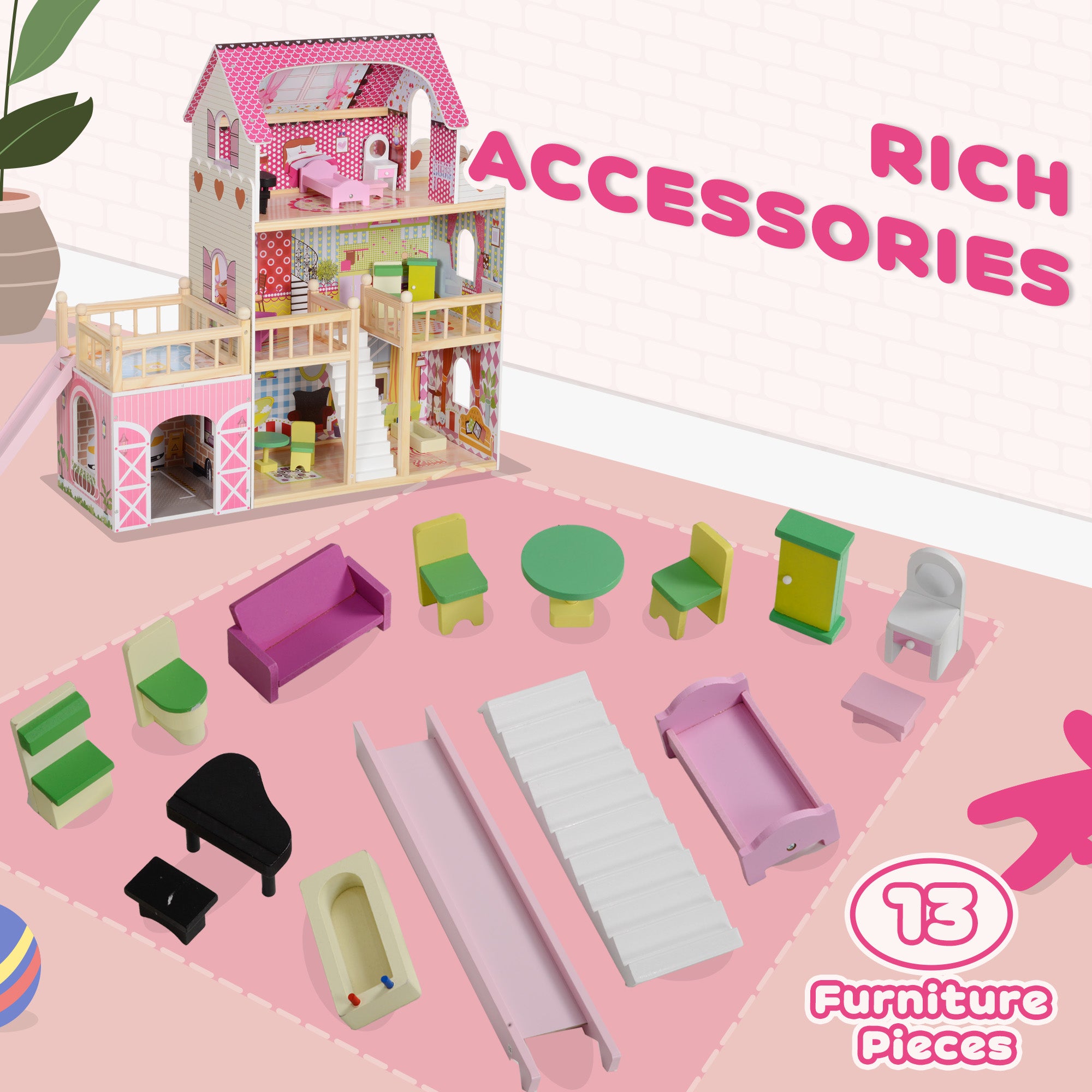 AIYAPLAY 3 Storey Dolls House Play Set with 13 Pieces Wooden Furniture and Accessories for 3-6 Years