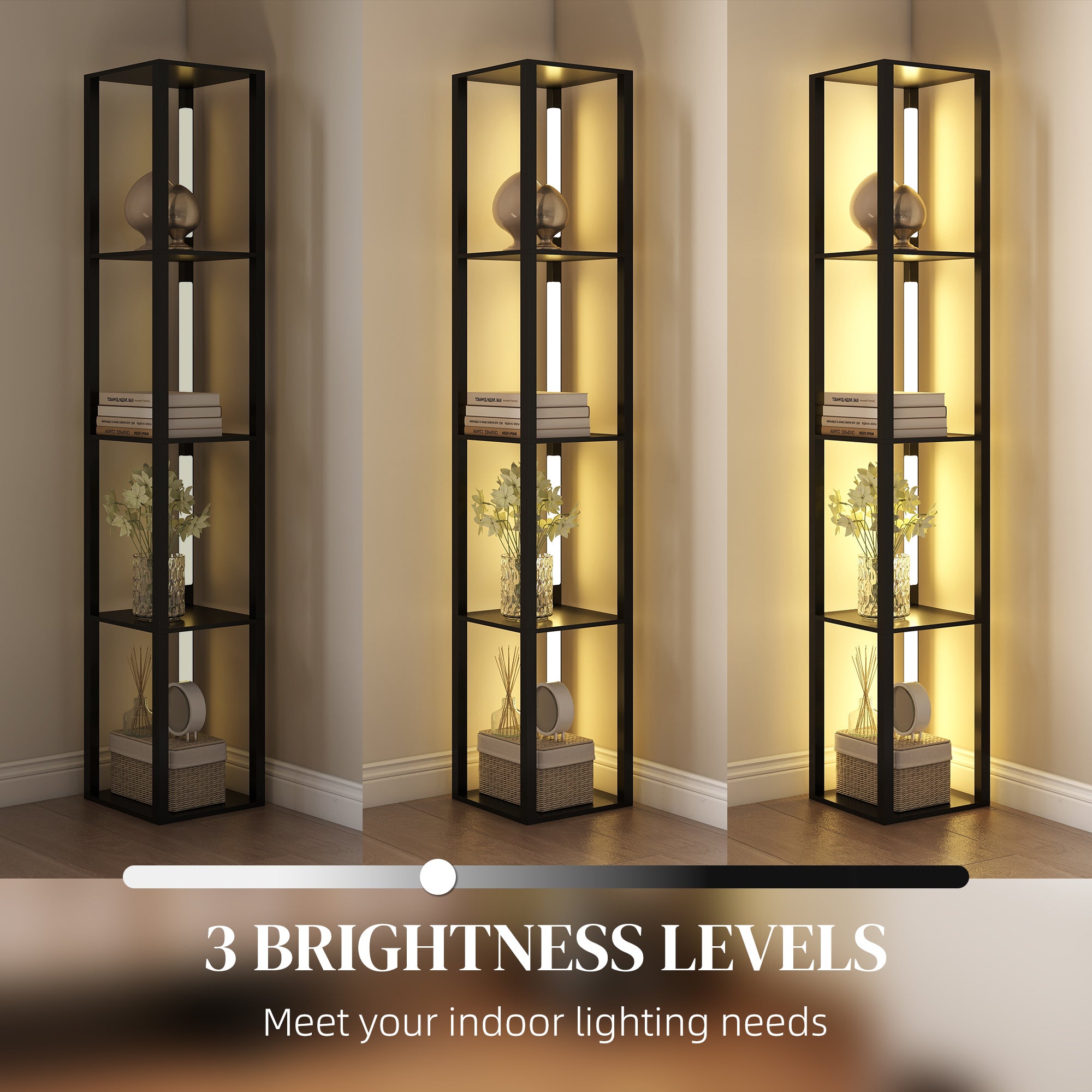 HOMCOM Floor Lamp with Shelves, 4 Layer Dimmable Column Modern Standing Lamp with 3 Brightness Levels and Foot Switch for Living Room, Bedroom, Office, Black - North Peak Garden Furniture