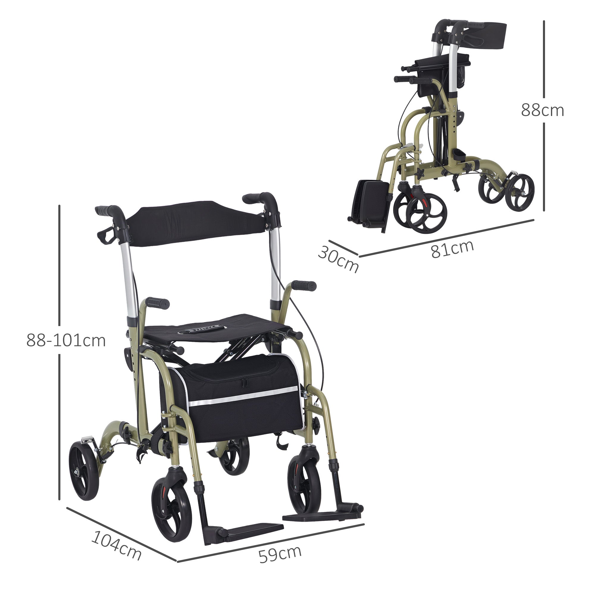 HOMCOM 2 in 1 Wheelchair & Folding Rollator Walker with Seat, Backrest, Footrest Combo, Lightweight Walking Frame with Storage Bag, Adjustable Height, 4 Wheeled Walker for Seniors, Yellow-green - North Peak Garden Furniture