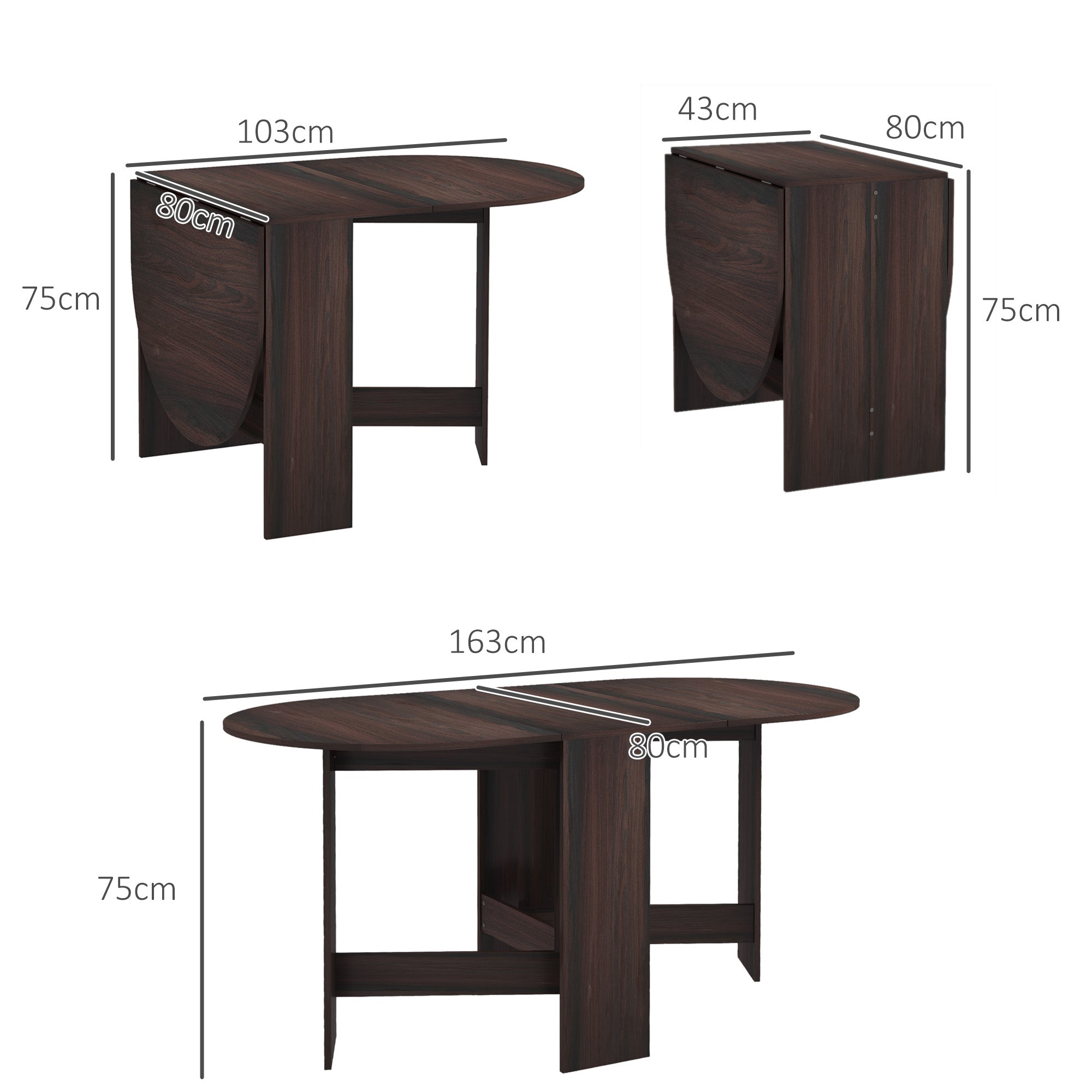 HOMCOM Folding Dining Table, Drop Leaf Table for Small Spaces, Oval Tabletop for Dining Room, Chocolate Wood Effect - North Peak Garden Furniture