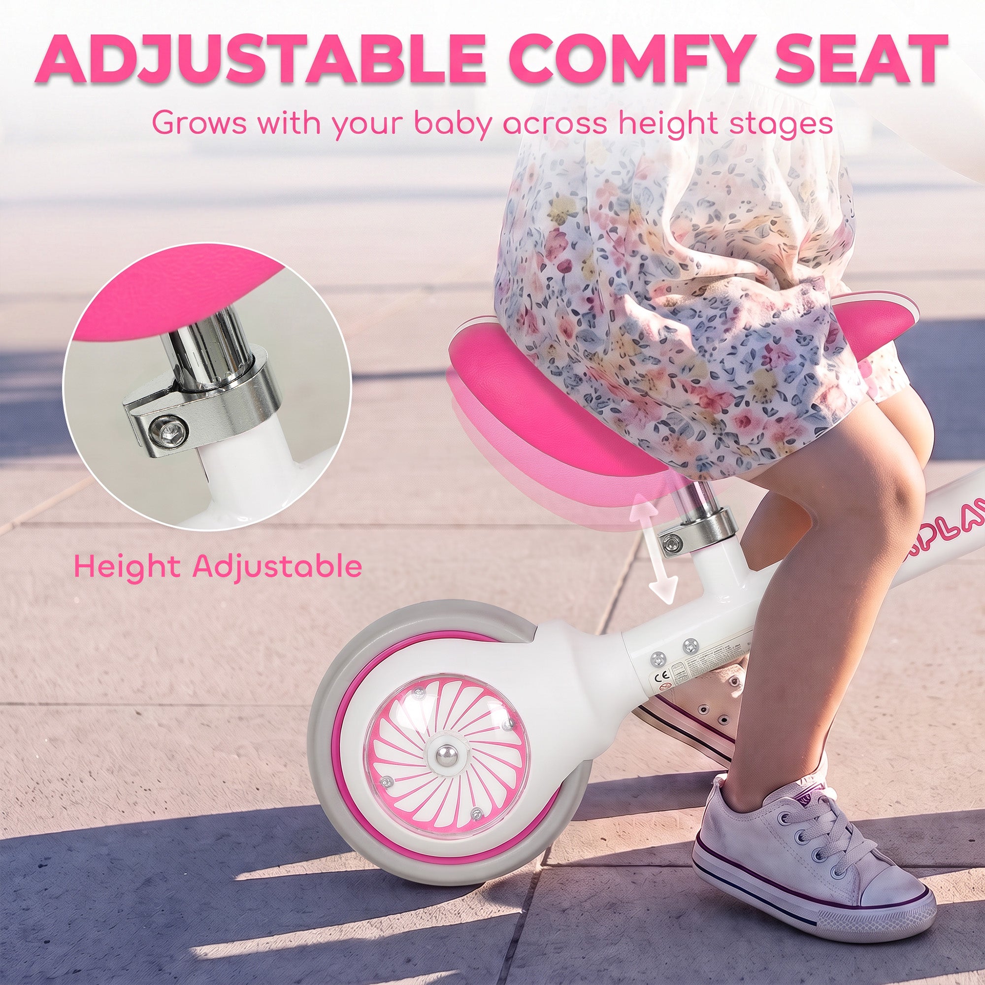 AIYAPLAY Balance Bike for Kids 1-2 Years, Toddler Bike with Adjustable Seat and Lighting Rear Wheels for Boys and Girls, Pink