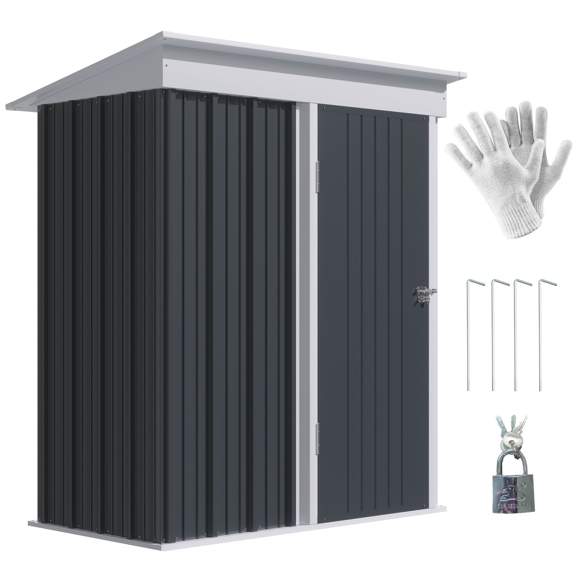 Outsunny Metal Garden Shed, Outdoor Lean-to Shed for Tool Motor Bike, with Adjustable Shelf, Lock, Gloves, 5'x3'x6', Dark Grey - North Peak Garden Furniture