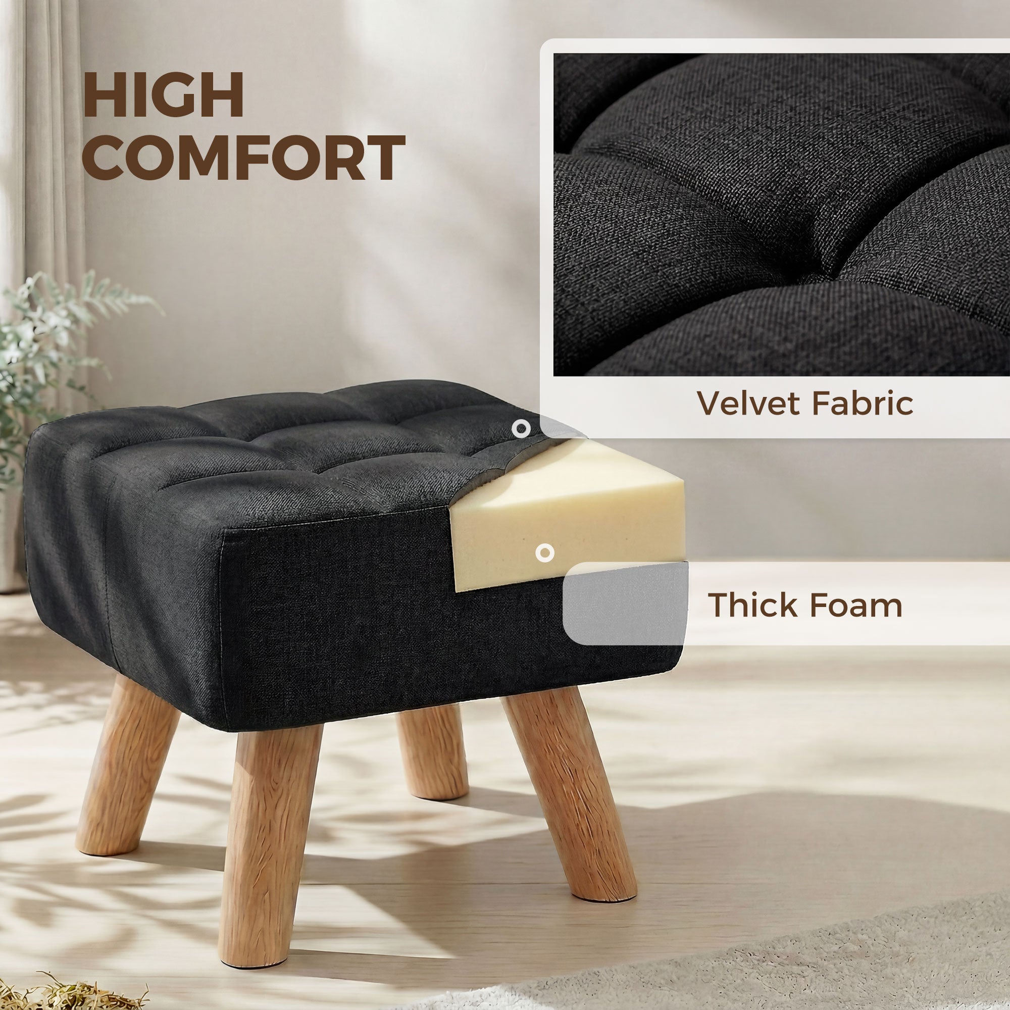 HOMCOM Linen-Look Square Padded Footstool - Black