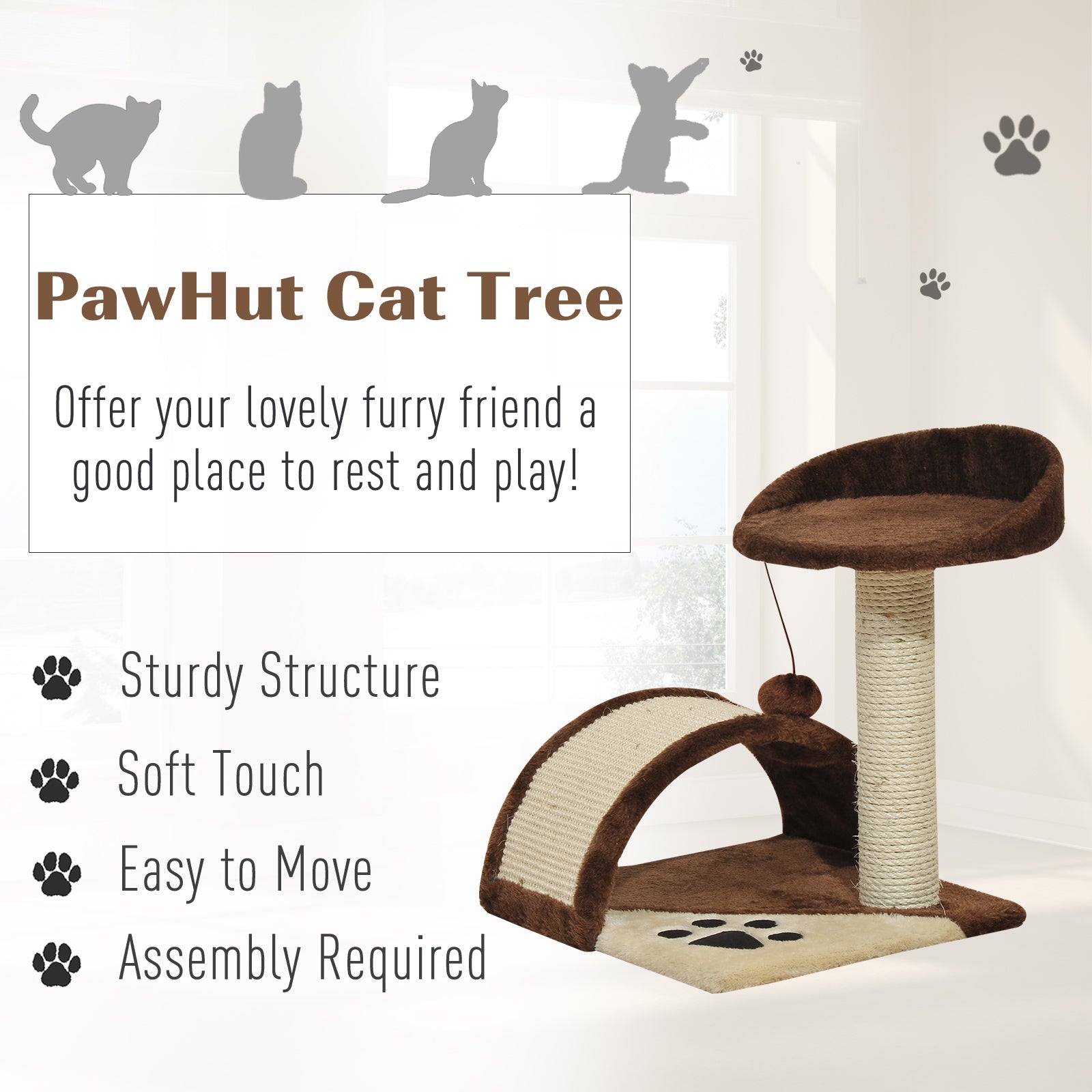 PawHut Cat Scratching Post, Indoor Activity Centre, Kitten Climber with Scratcher, Hanging Ball, Brown