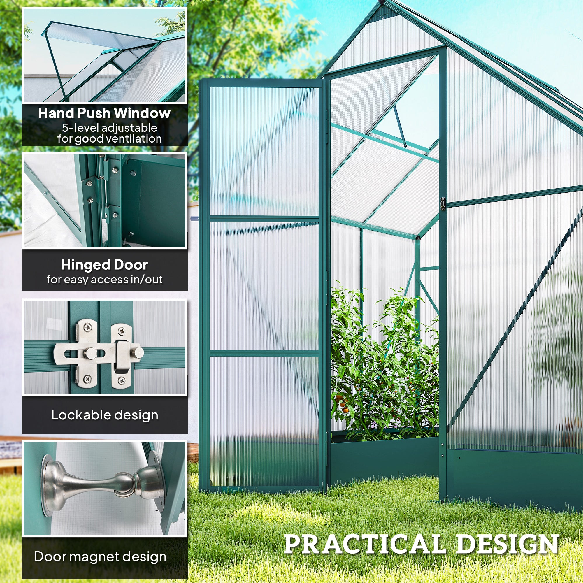 Outsunny Garden Walk-in Aluminium Greenhouse Polycarbonate with Plant Bed, Temperature Controlled Window, Foundation, 6 x 6ft