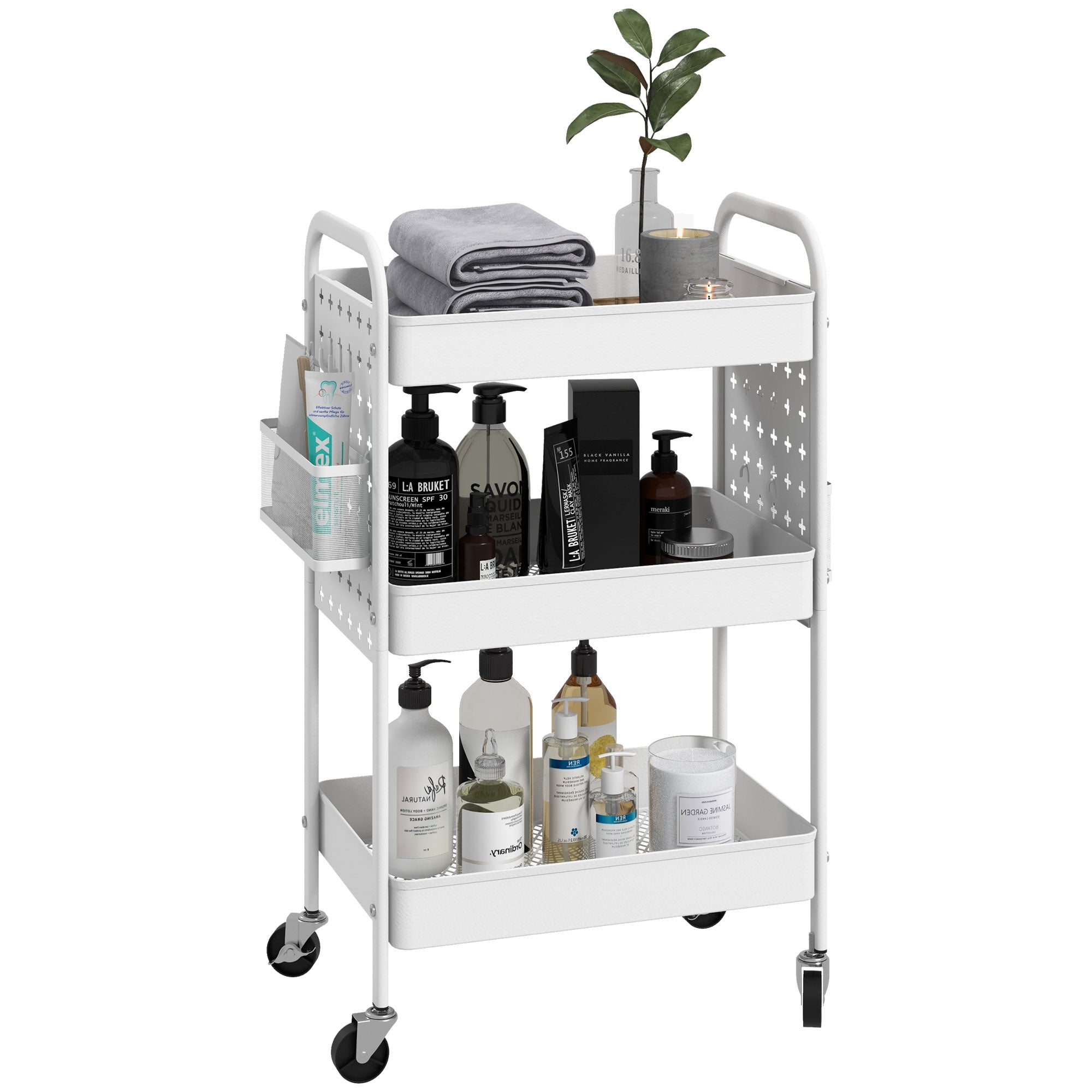 HOMCOM 3-tier Storage Trolley on Wheels, Rolling Utility Serving Cart with 3 Mesh Baskets, 2 Hanging Boxes and 6 Hooks for Living Room, Kitchen, White - North Peak Garden Furniture