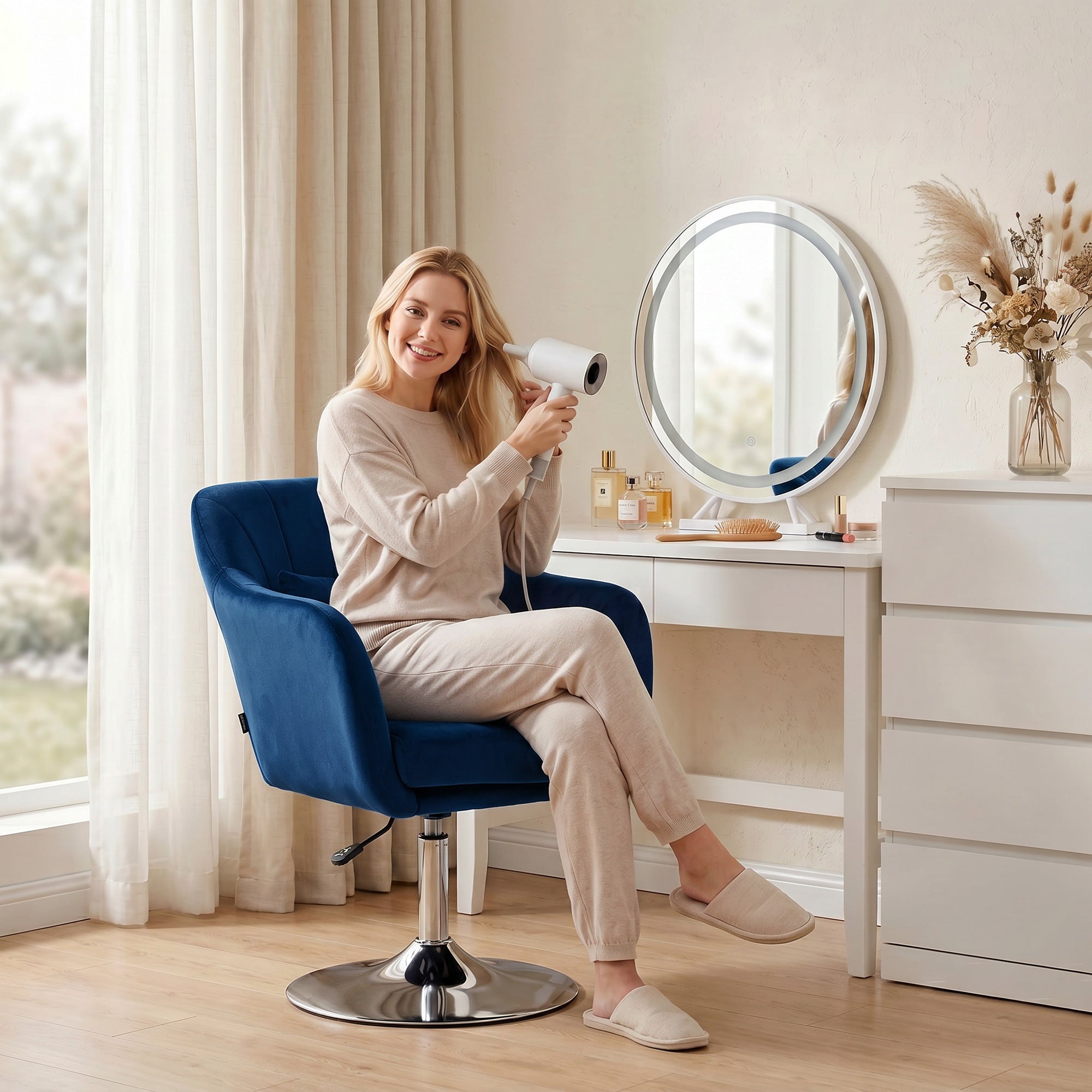 HOMCOM Retro Velvet Swivel Tub Chair with Steel Frame, Cushion Seat, Dark Blue