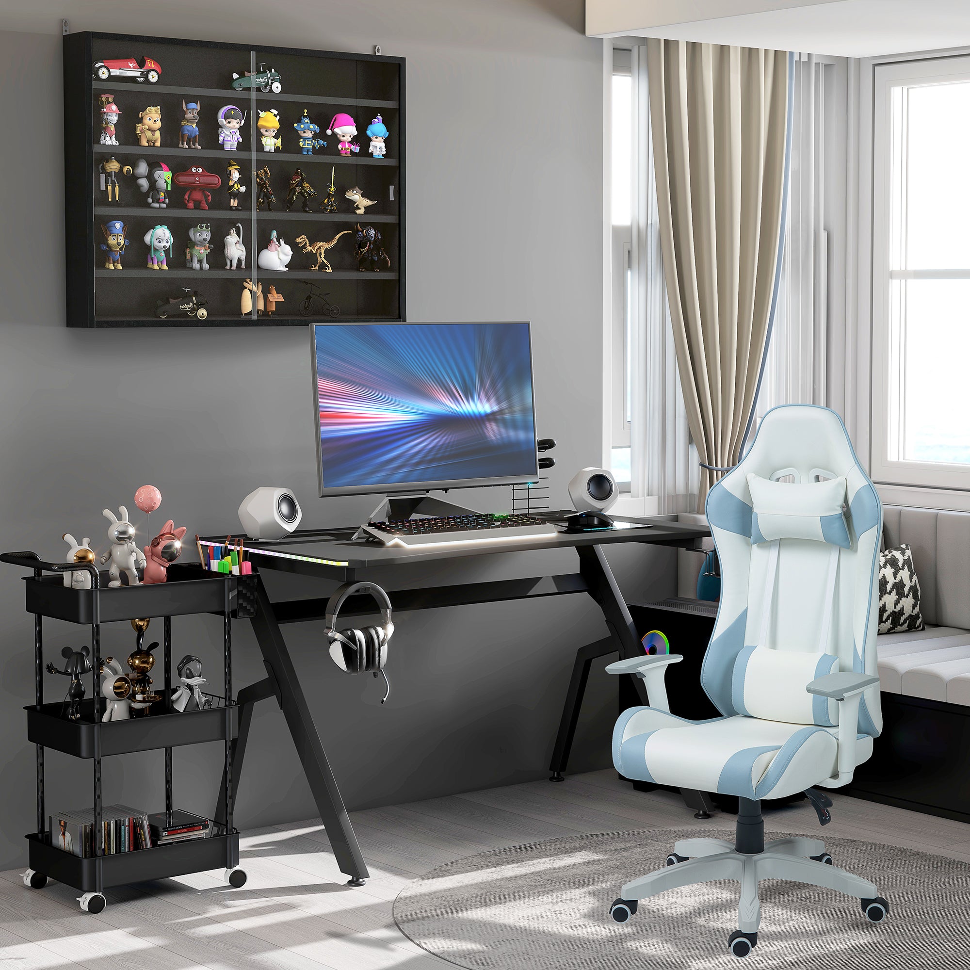 HOMCOM RGB 120 x 66cm Gaming Desk, Computer Table with Carbon Fibre Surface, Headphone Hook, Cup Holder, Controller Rack, Home Office Desk, Black - North Peak Garden Furniture
