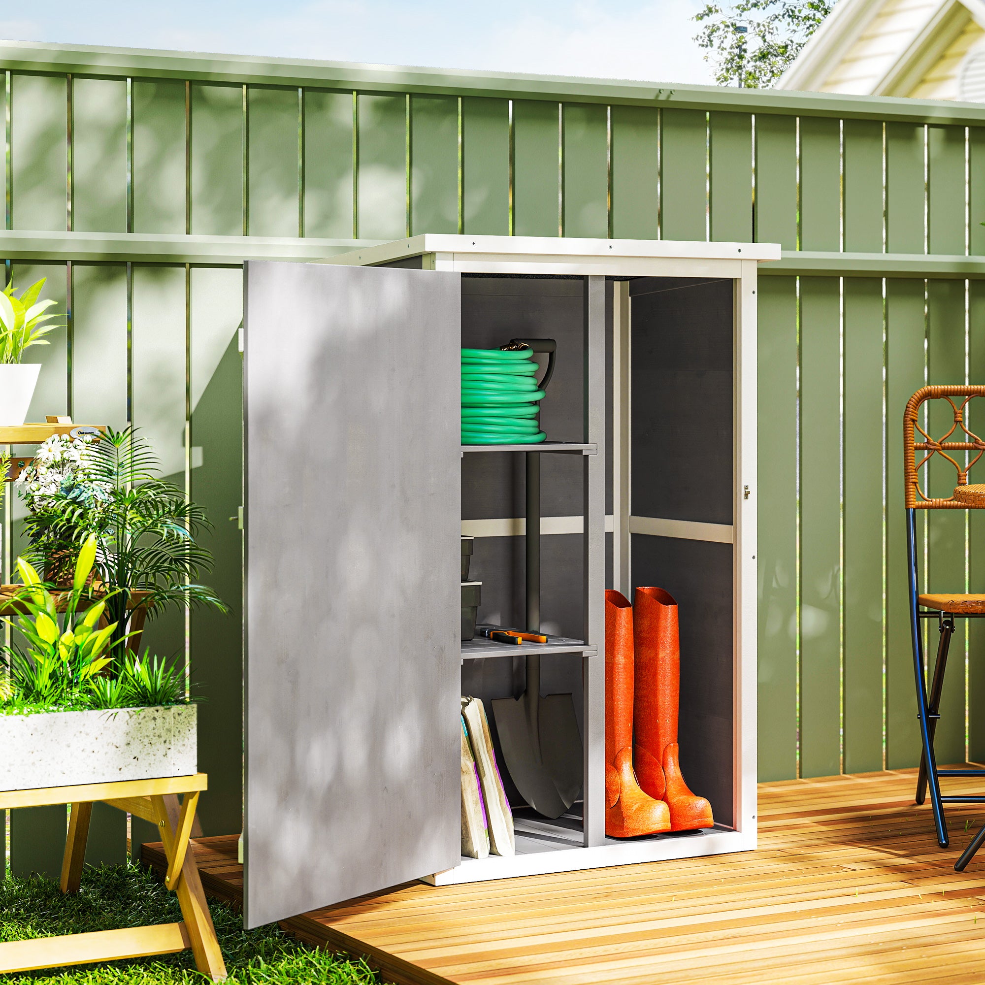 Outsunny Garden Shed Wooden Garden Storage Shed Fir Wood Tool Cabinet Organiser with Shelves 75L x 56W x115Hcm Grey