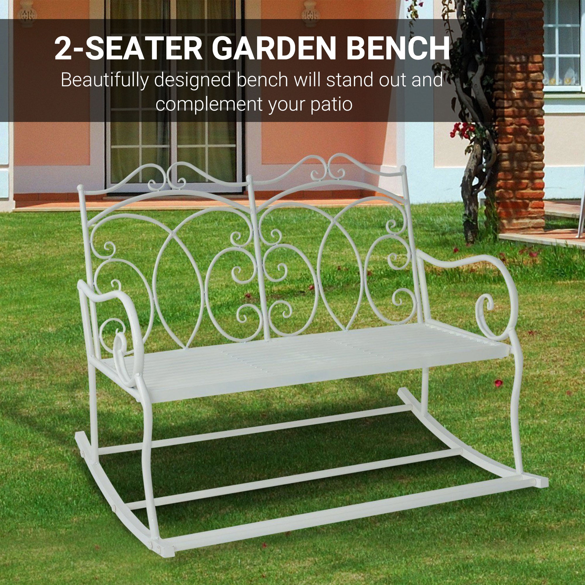 Outsunny Patio 2 Seater Rocking Bench Steel Garden Outdoor Garden Loveseat Chair w/ Decorative Backrest White - North Peak Garden Furniture