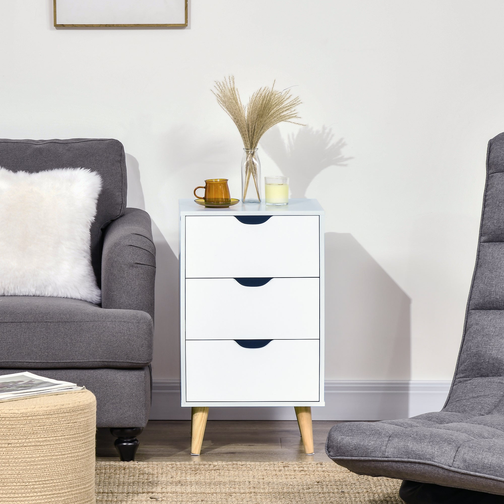 HOMCOM Bedside Table, Bedside Cabinet with 3 Drawers, Small Side Table with Wood Legs and Cut-out Handles for Bedroom, Cream White - North Peak Garden Furniture