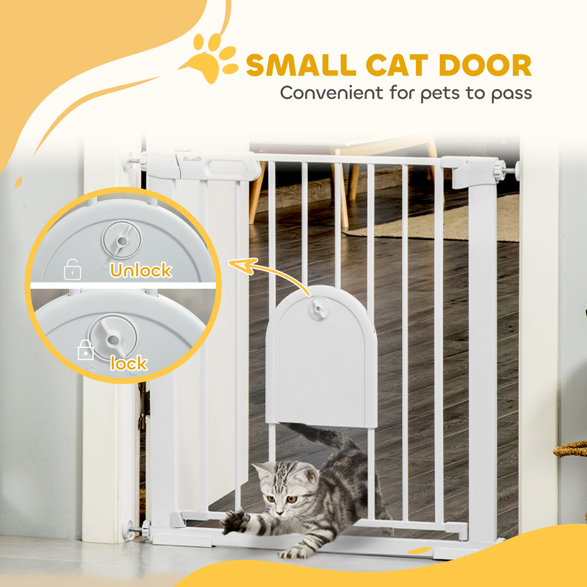 PawHut 75-82cm Pet Safet Gaye, Pressure Fit Stair, with Cat Flap, Double Locking, White