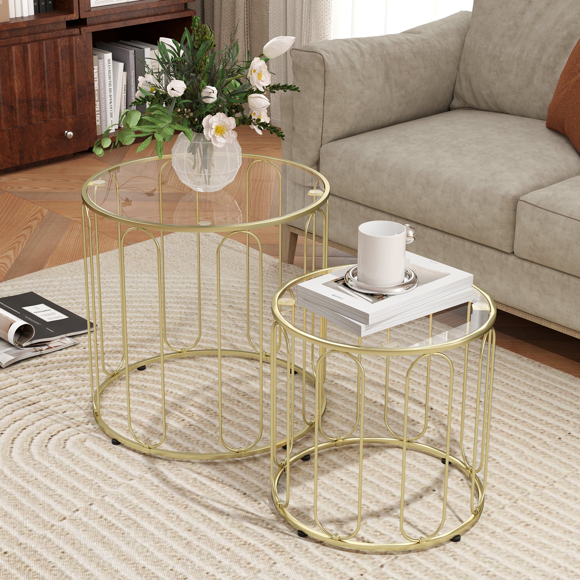 HOMCOM Round Coffee Table Set of 2, Glass Nest of Tables with Metal Frame and Tempered Glass Tabletop, Modern Side Tables for Living Room, Gold Tone - North Peak Garden Furniture