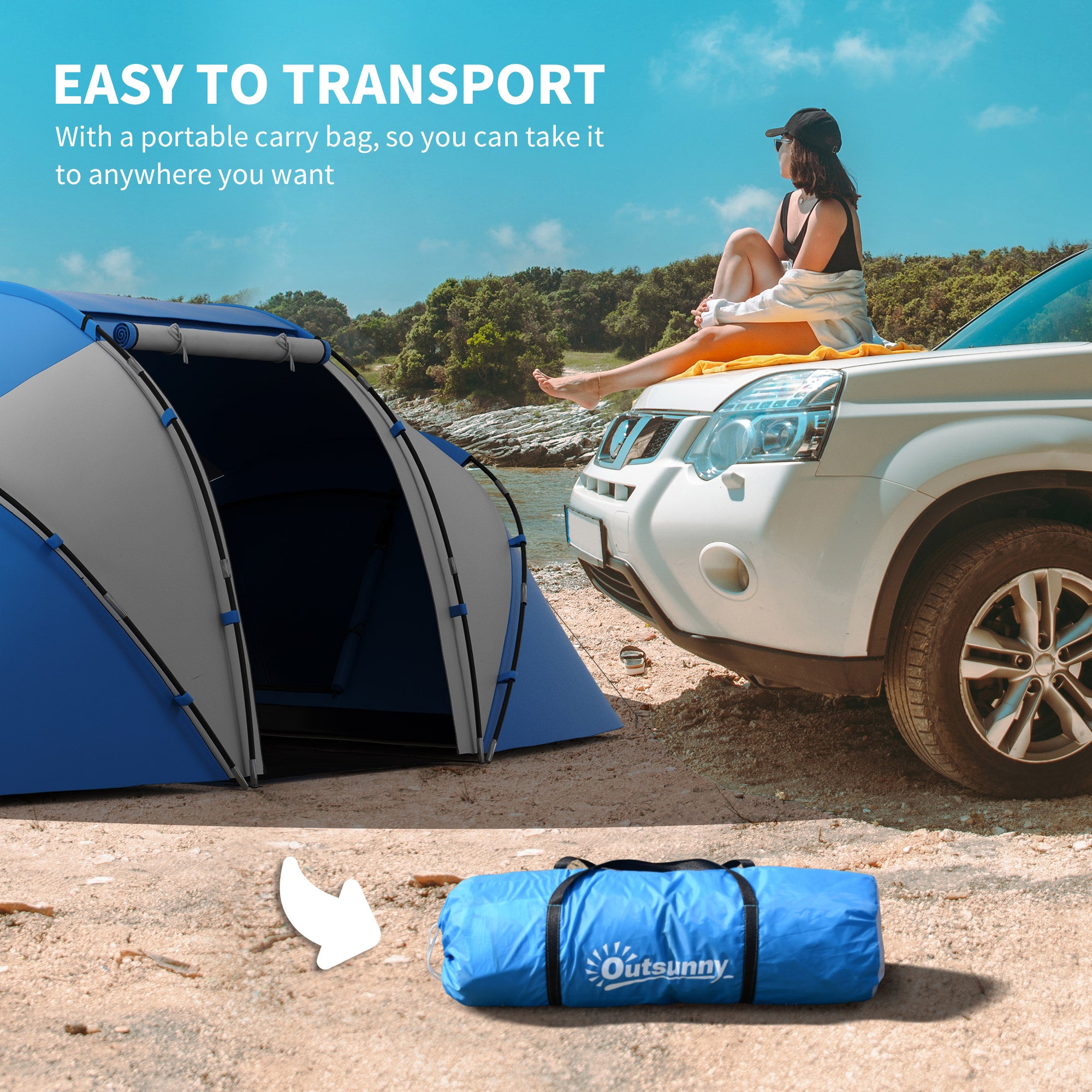 Outsunny 4-6 Man Camping Tent w/ Two Bedroom, Hiking Sun Shelter, UV Protection Tunnel Tent, Blue and White - North Peak Garden Furniture