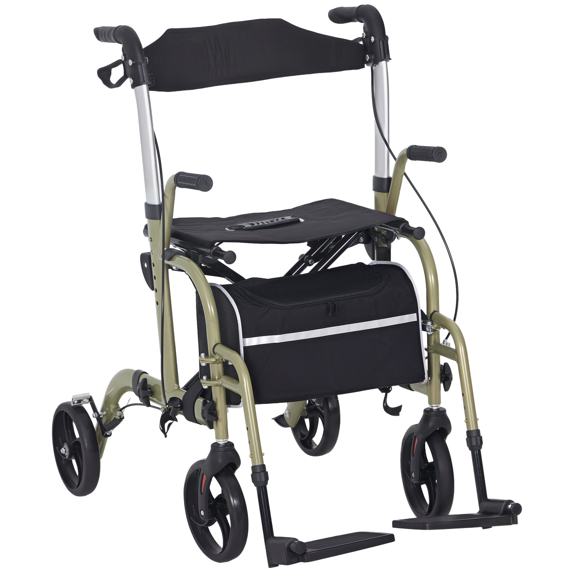 HOMCOM 2 in 1 Wheelchair & Folding Rollator Walker with Seat, Backrest, Footrest Combo, Lightweight Walking Frame with Storage Bag, Adjustable Height, 4 Wheeled Walker for Seniors, Yellow-green - North Peak Garden Furniture