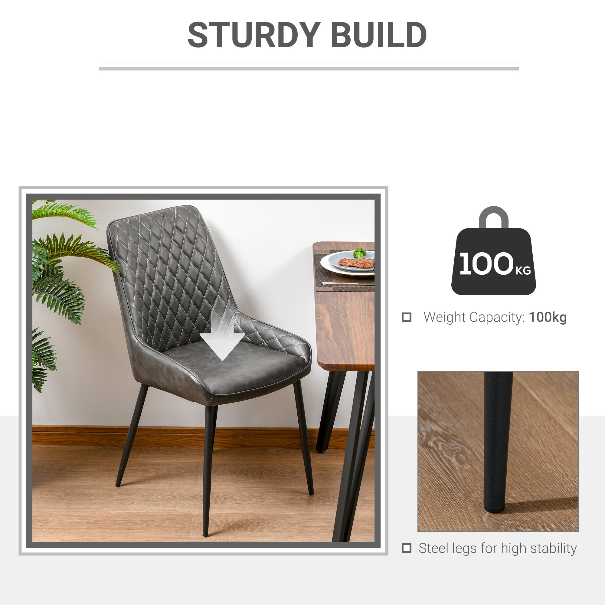 HOMCOM Retro Dining Chair Set of 2, PU Leather Upholstered Side Chairs for Kitchen Living Room with Metal Legs, Grey - North Peak Garden Furniture