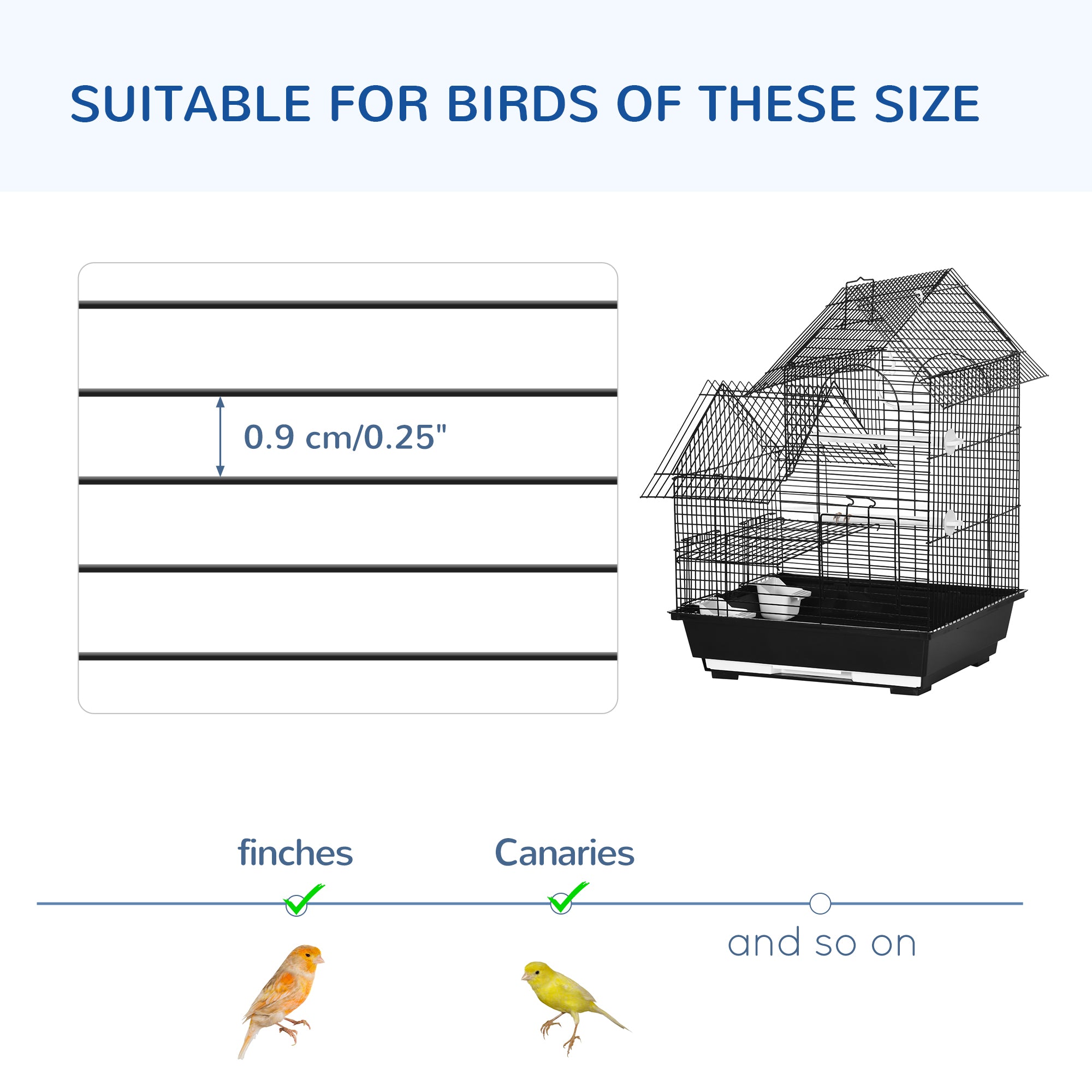 PawHut Metal Bird Cage w/ Stand, Parrot Cockatiel Budgie Finch Canary, Includes Food Containers Swing Ring Tray, Black, 39 x 33 x 47 cm | Aosom UK