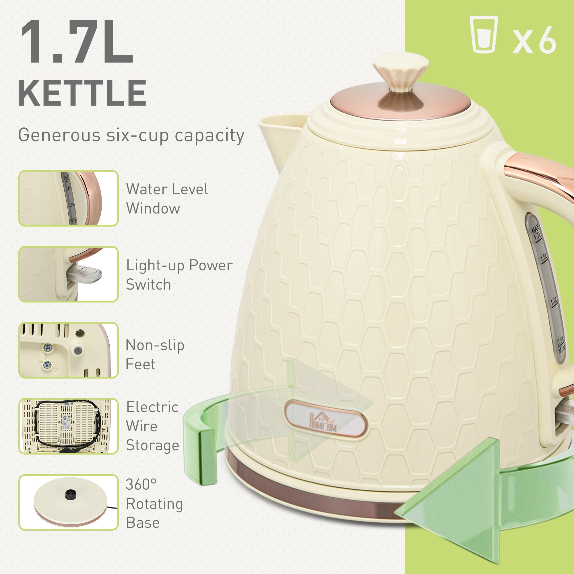 HOMCOM Kettle and Toaster Set, 1.7L 3000W Fast Boil Jug Kettle with Auto Shut Off, 4 Slice Toaster with 7 Level Browning Controls & Crumb Tray, Beige - North Peak Garden Furniture