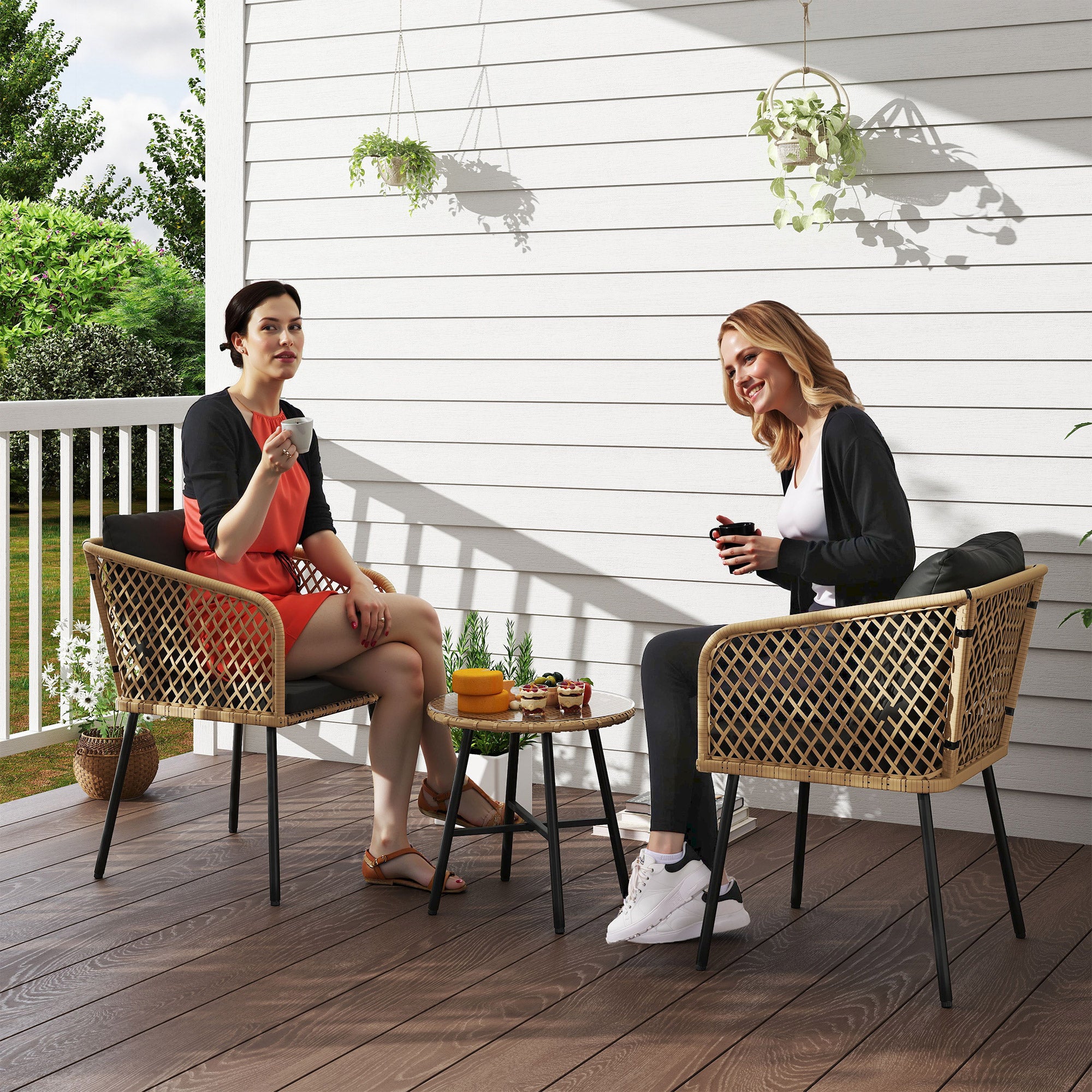 Outsunny Three-Piece Cut-Out Rattan Chair and Table Set - Brown/Black - North Peak Garden Furniture