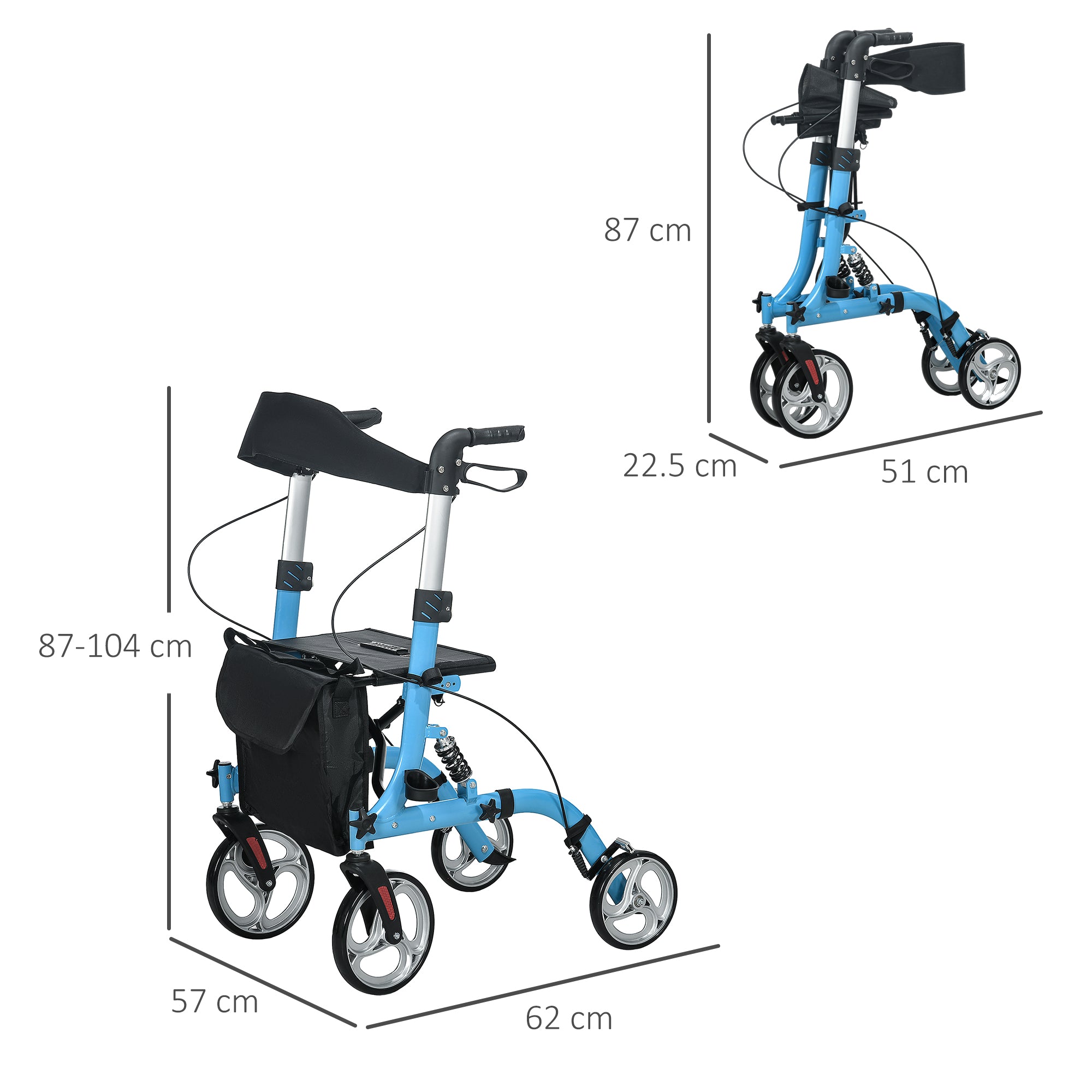 HOMCOM 4 Wheel Rollator with Seat and Back, Lightweight Folding Mobility Walker with Large Wheels, Carry Bag, Adjustable Height, Aluminium Walking Frame with Dual Brakes for Seniors, Blue