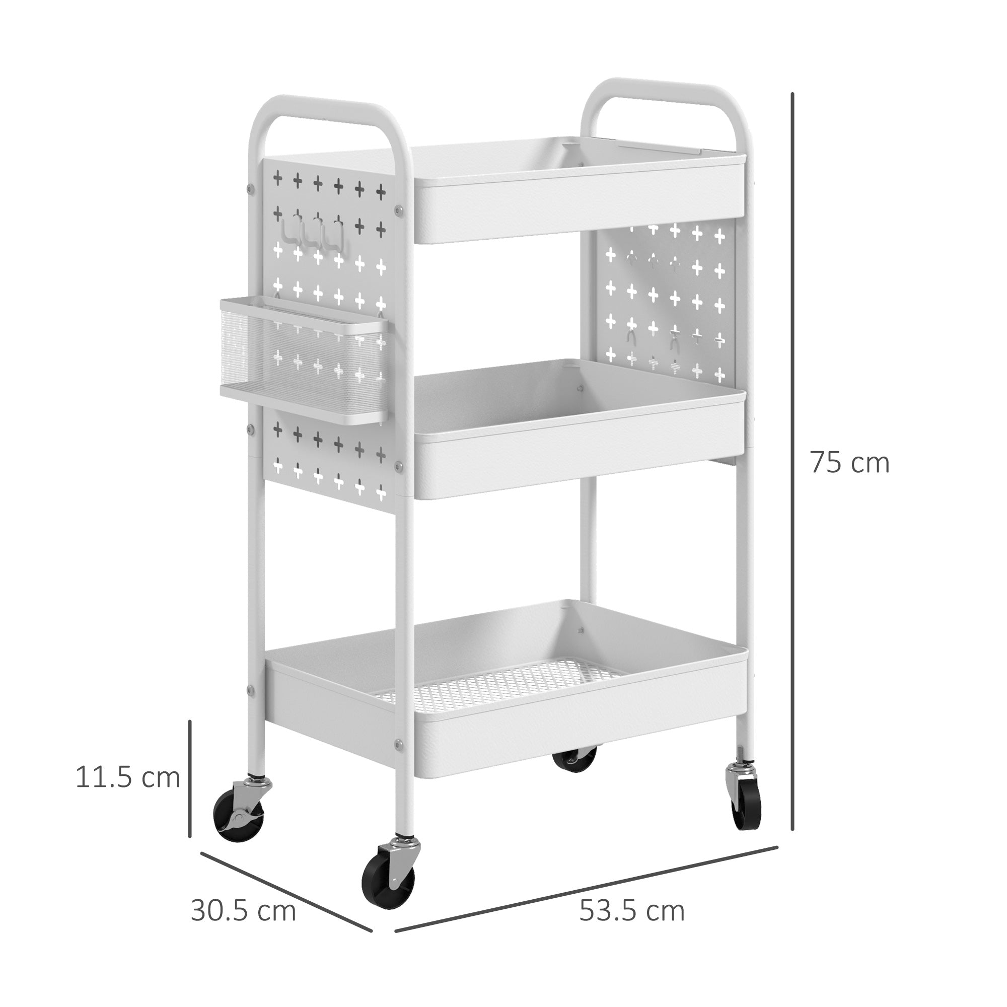 HOMCOM 3-tier Storage Trolley on Wheels, Rolling Utility Serving Cart with 3 Mesh Baskets, 2 Hanging Boxes and 6 Hooks for Living Room, Kitchen, White - North Peak Garden Furniture