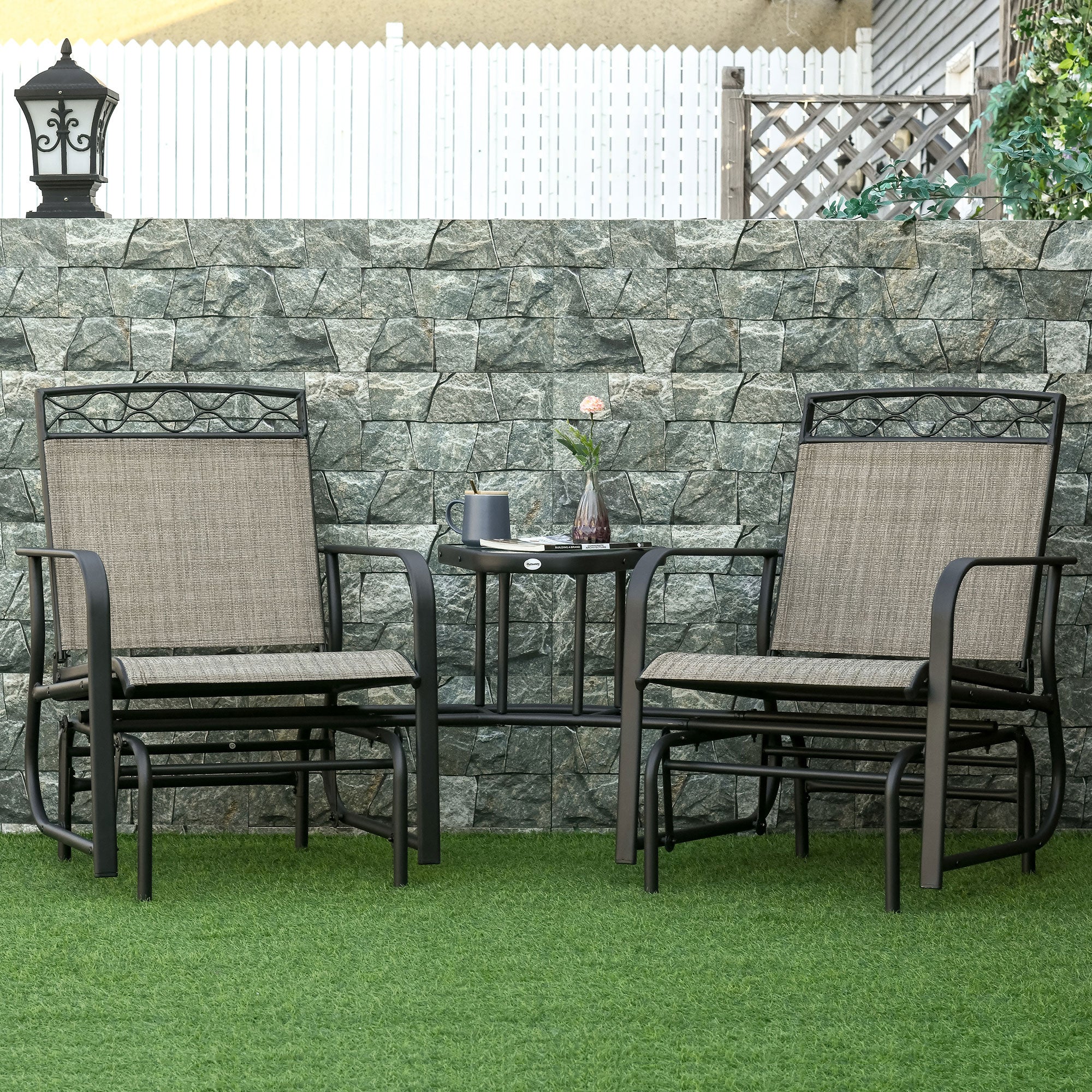 Outsunny Double Outdoor Glider Chair, 2 Seater Patio Rocking Chairs, Swing Bench with Tempered Glass Table, Breathable Mesh Fabric for Backyard, Garden, Porch, Brown - North Peak Garden Furniture