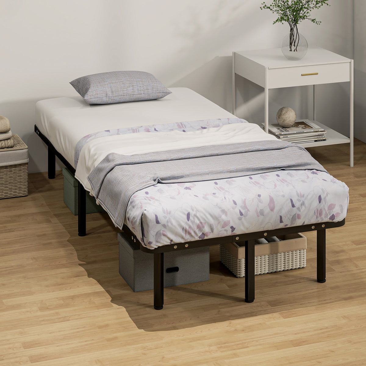 HOMCOM 3ft Single Bed Frame, Metal Platform Bed Frame with 2 x 14 Wood Slats, No Box Spring Needed, Underbed Storage, Black