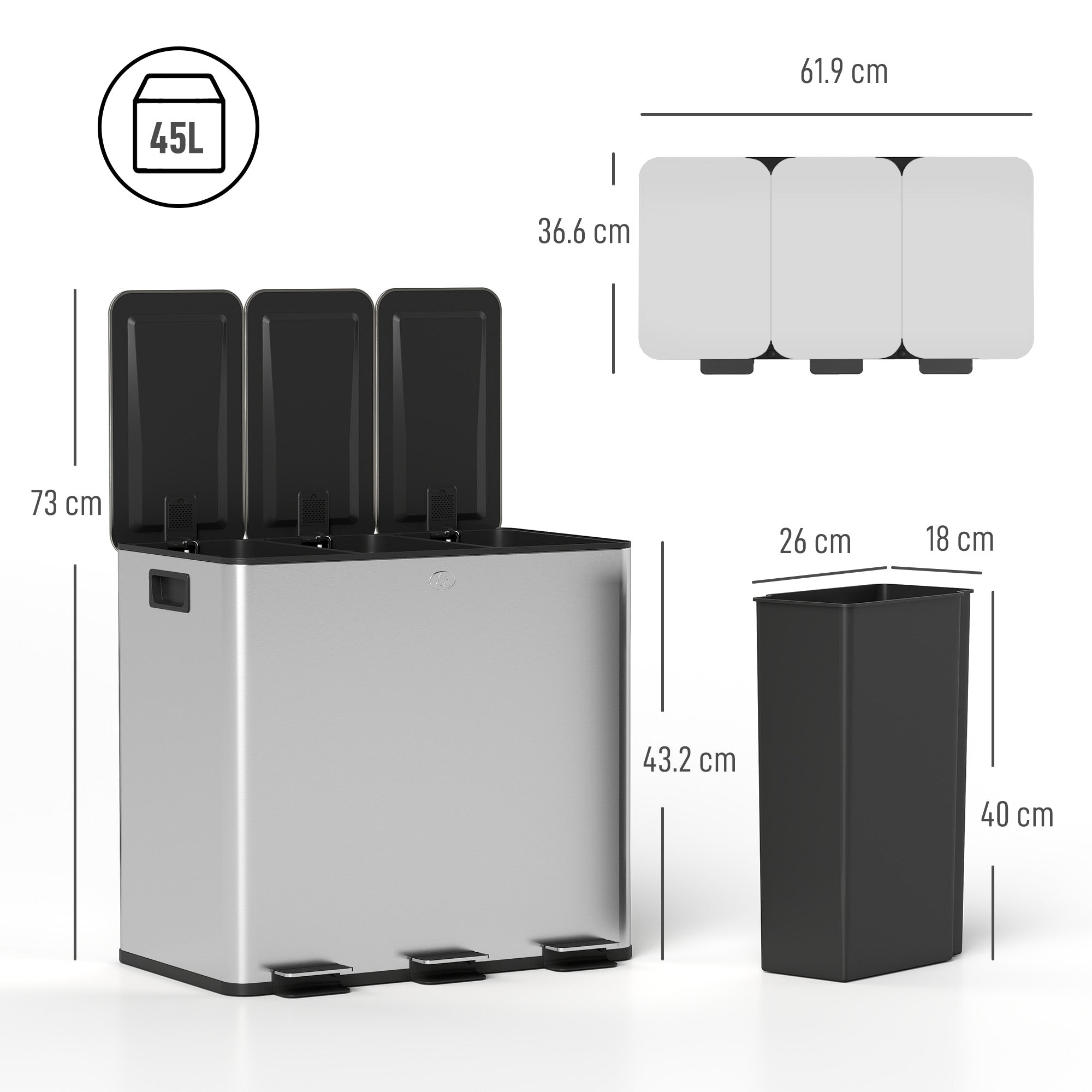 HOMCOM 3 x 15L Pedal Bin, Steel Triple Kitchen Bin with Soft Close Lid, Removable Inner Buckets, Fingerprint-Proof, Silver