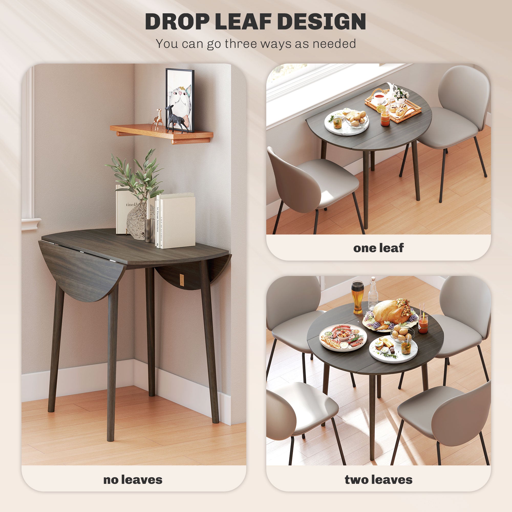 HOMCOM Folding Dining Table for 4, Round Drop Leaf Table, Modern Space Saving Small Kitchen Table with Wood Legs for Dining Room, Grey