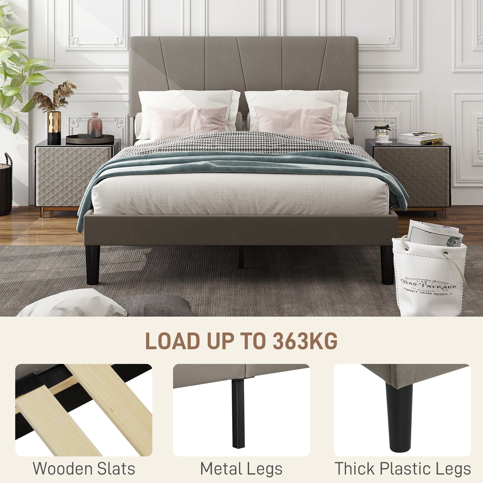 HOMCOM King Velvet-Feel Headboard Bed Frame - Grey - North Peak Garden Furniture