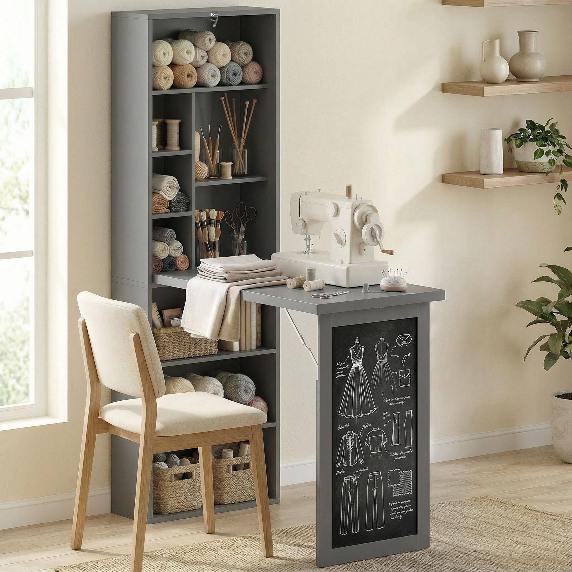 HOMCOM Folding Convertible Desk with Blackboard Multi-function Computer Office Workstation Side Shelf for Home Office, Grey